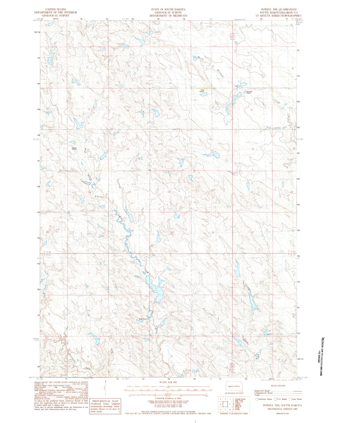 Classic USGS Powell NW South Dakota 7.5'x7.5' Topo Map Image