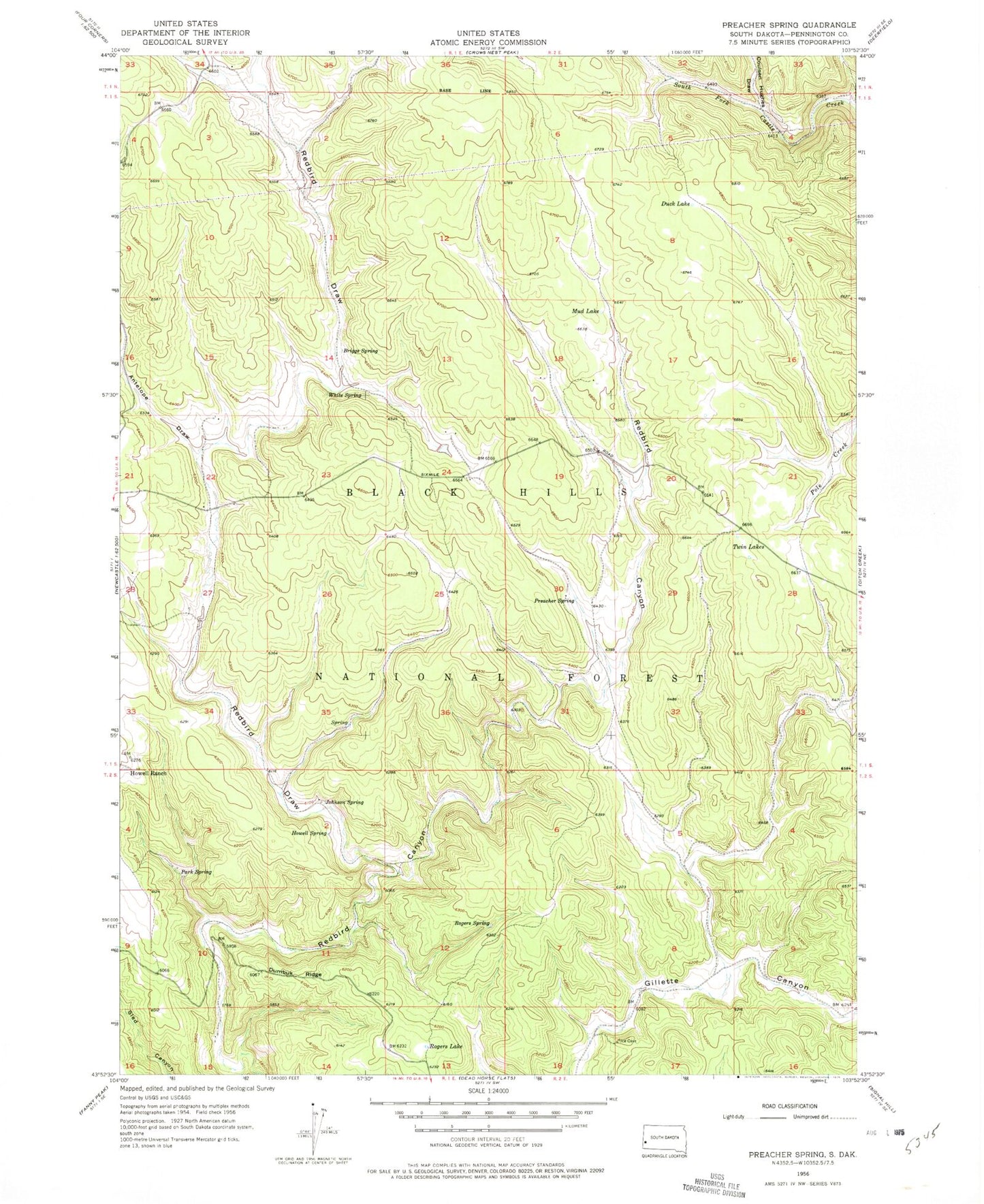 Classic USGS Preacher Spring South Dakota 7.5'x7.5' Topo Map Image