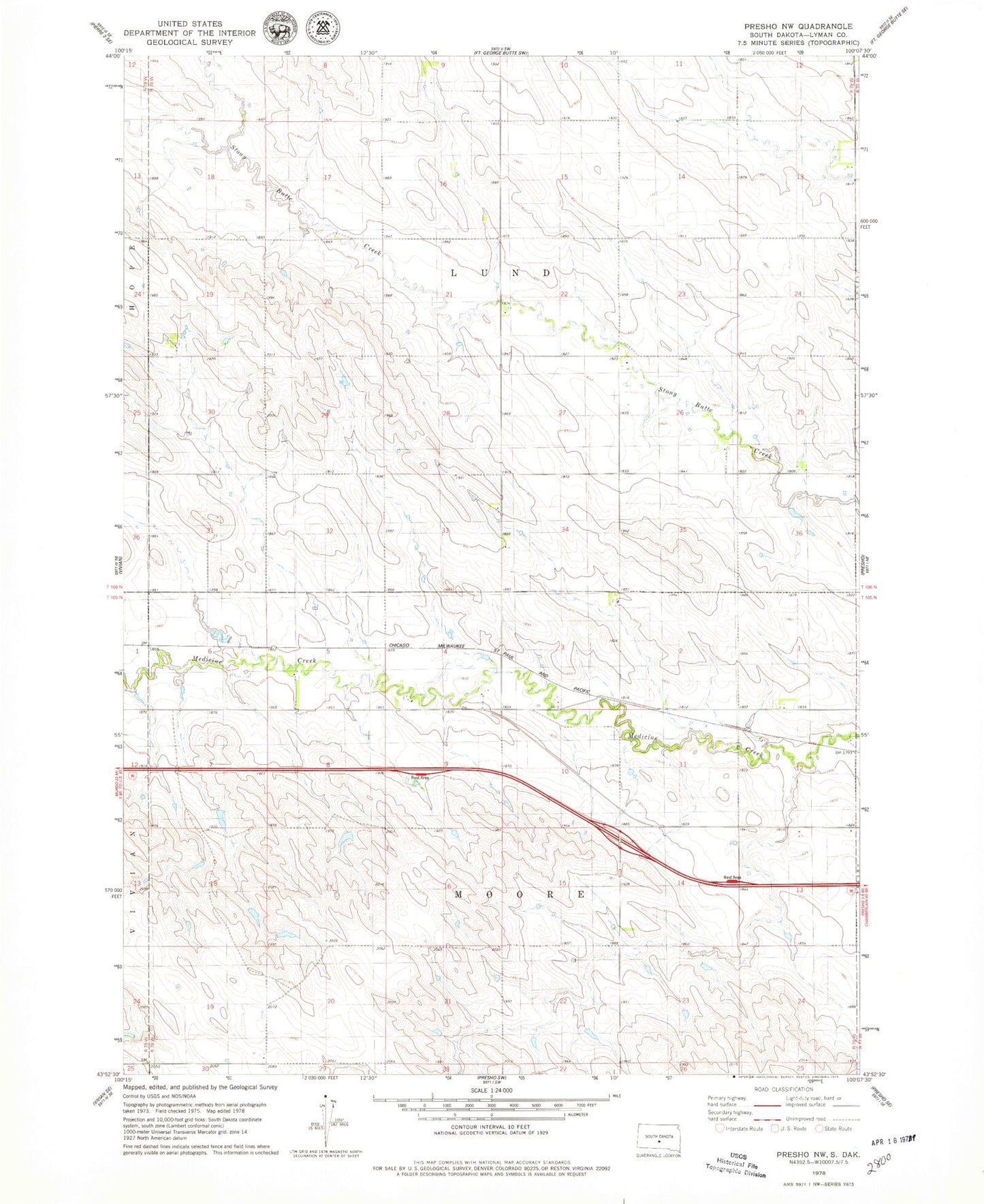 Classic USGS Presho NW South Dakota 7.5'x7.5' Topo Map Image