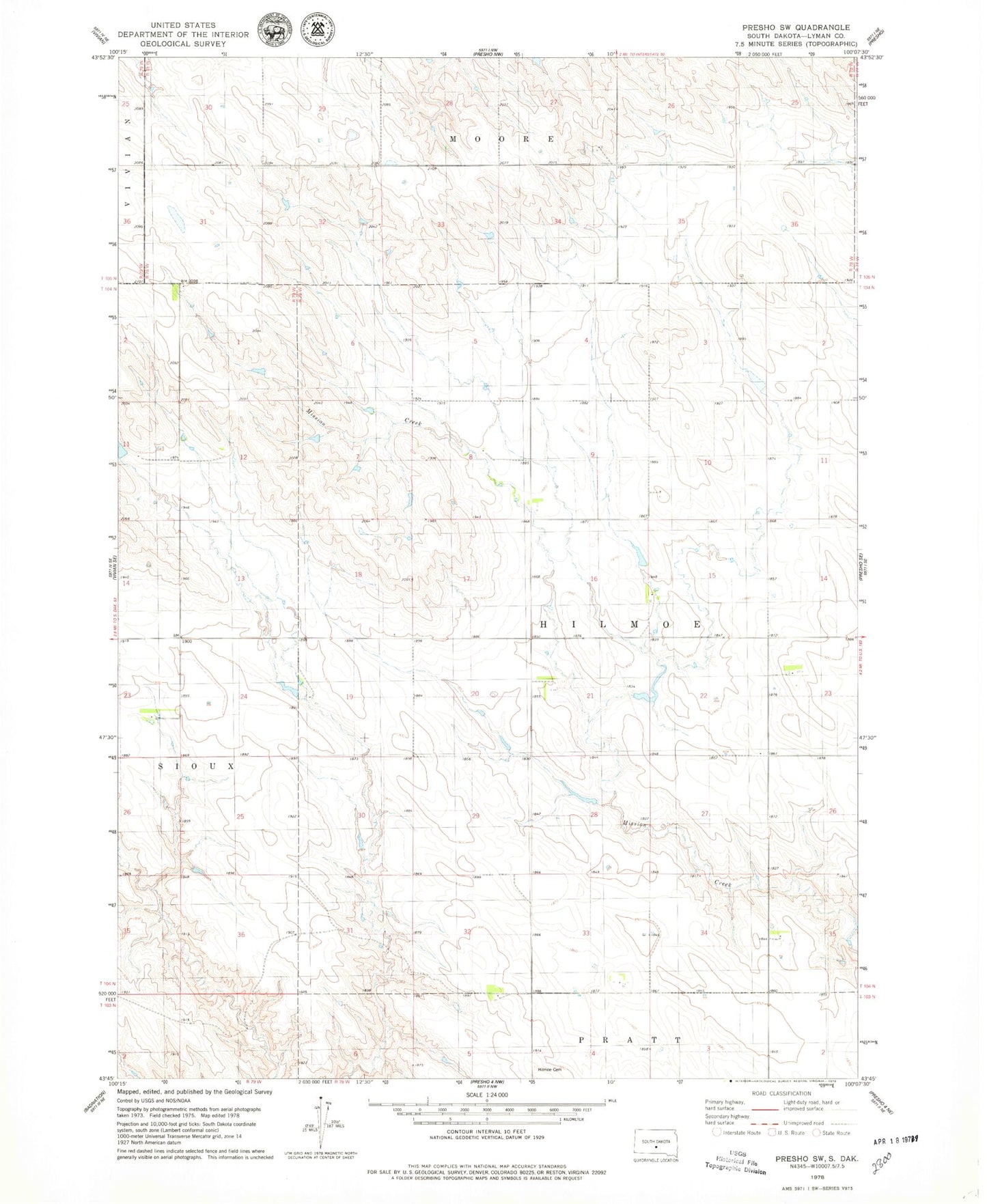 Classic USGS Presho SW South Dakota 7.5'x7.5' Topo Map Image