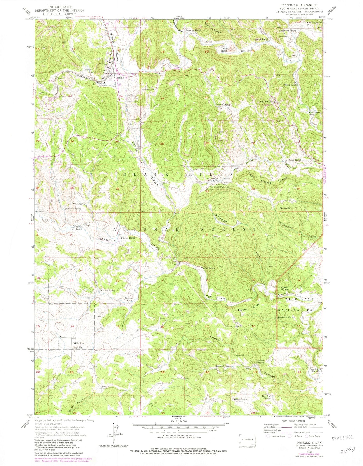 Classic USGS Pringle South Dakota 7.5'x7.5' Topo Map Image