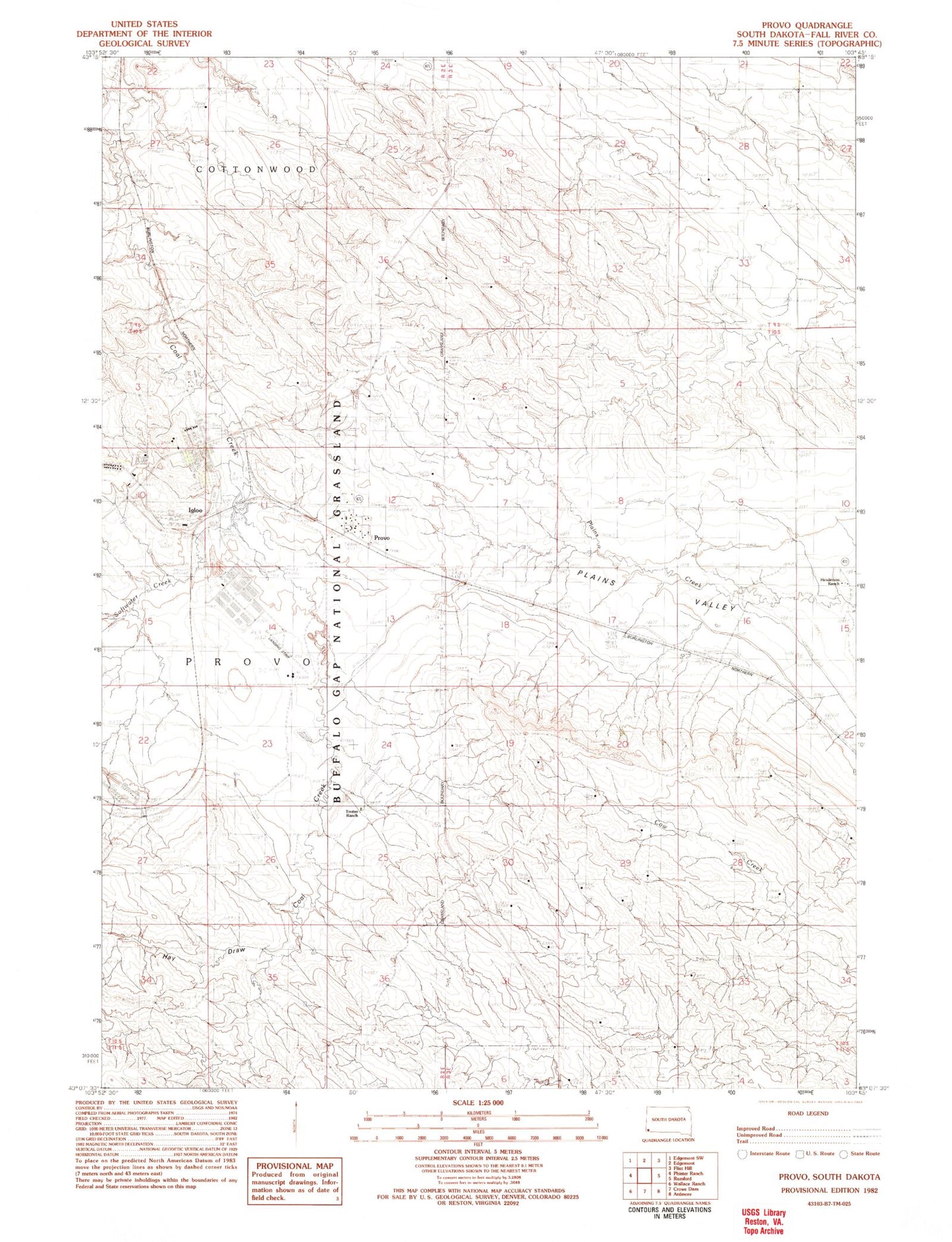 Classic USGS Provo South Dakota 7.5'x7.5' Topo Map Image