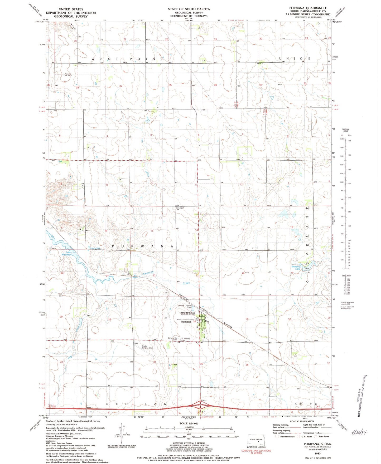 Classic USGS Pukwana South Dakota 7.5'x7.5' Topo Map Image