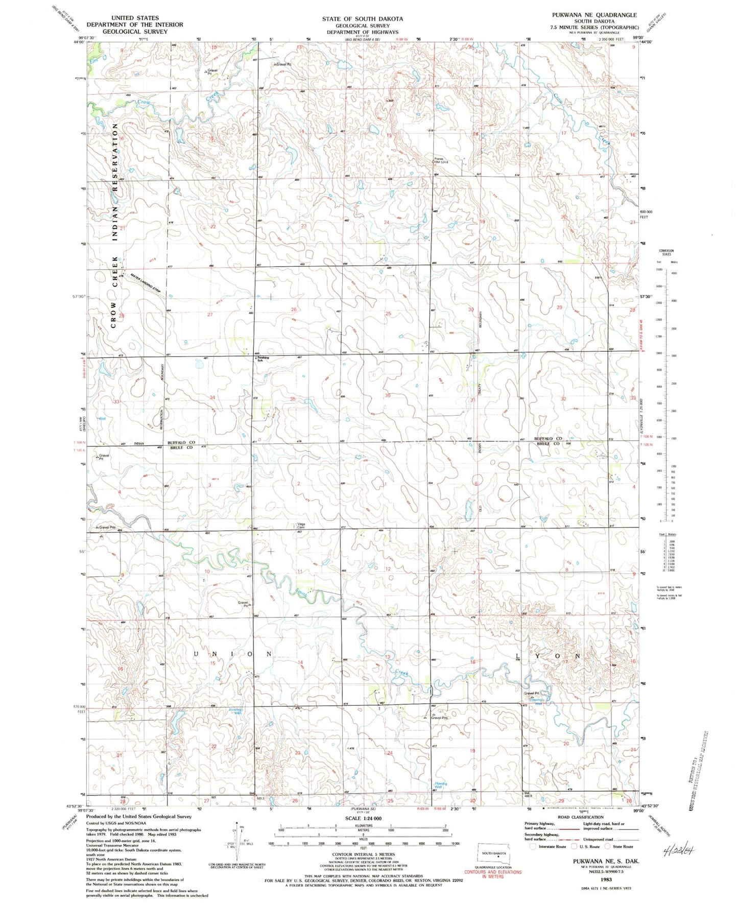 Classic USGS Pukwana NE South Dakota 7.5'x7.5' Topo Map Image