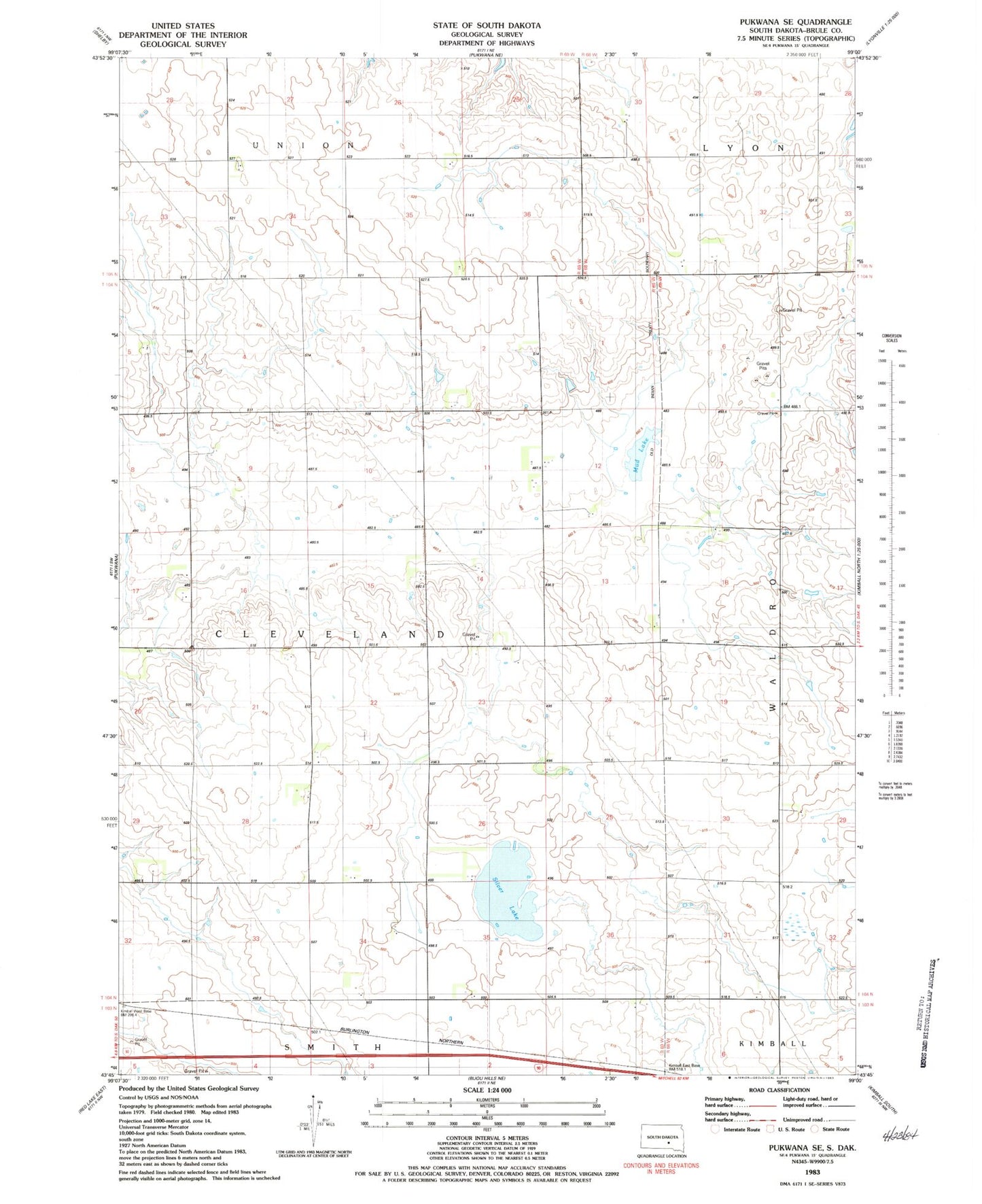 Classic USGS Pukwana SE South Dakota 7.5'x7.5' Topo Map Image