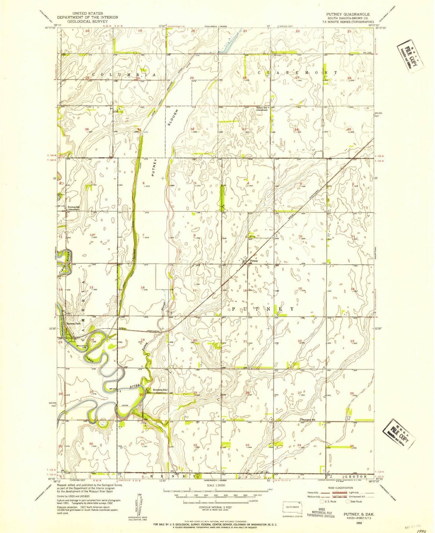 Classic USGS Putney South Dakota 7.5'x7.5' Topo Map Image