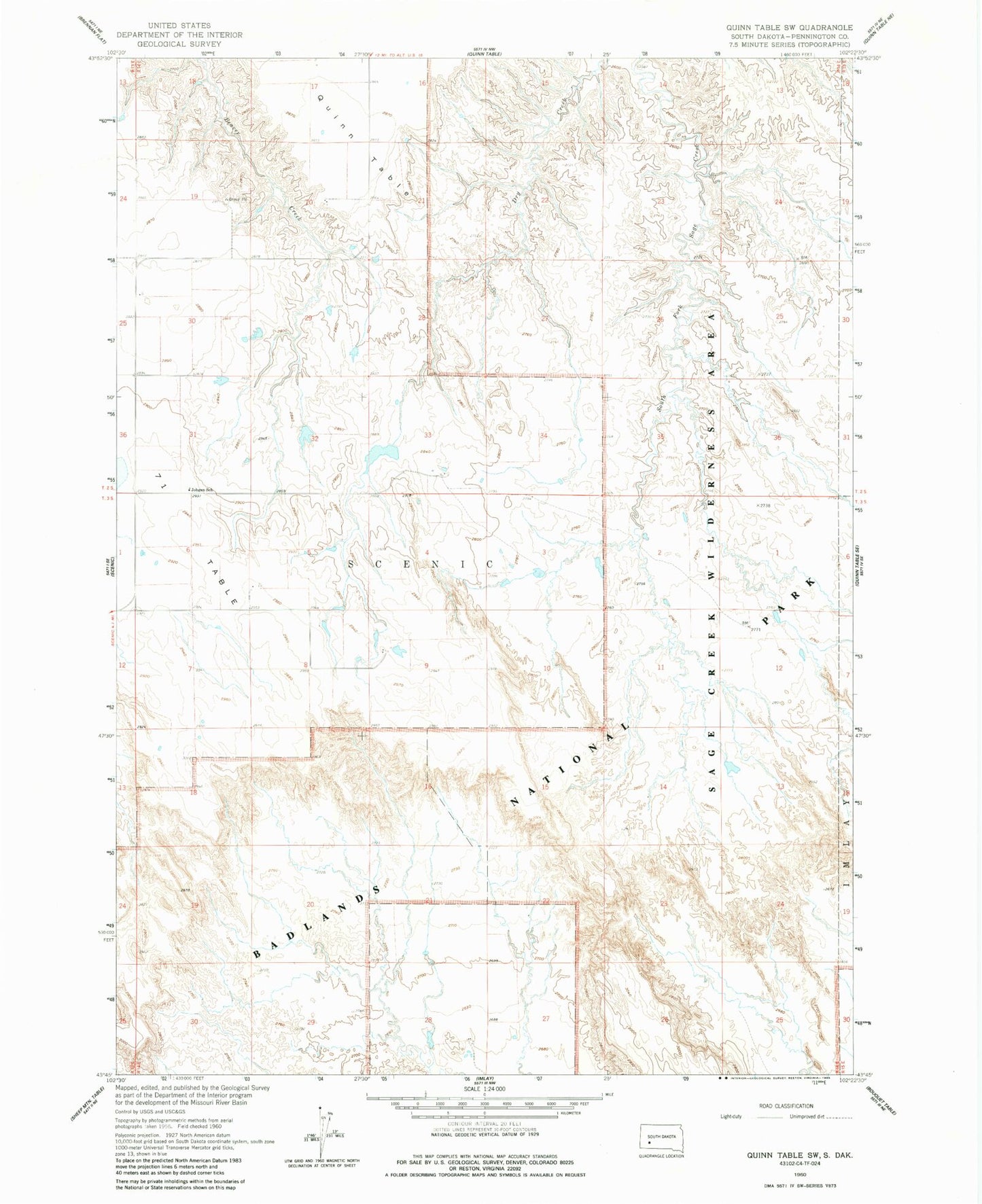 Classic USGS Quinn Table SW South Dakota 7.5'x7.5' Topo Map Image