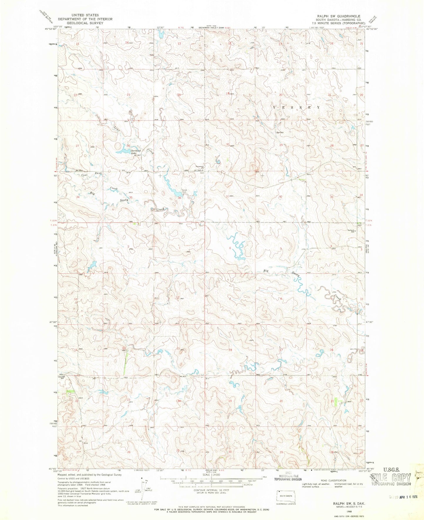 Classic USGS Ralph SW South Dakota 7.5'x7.5' Topo Map Image