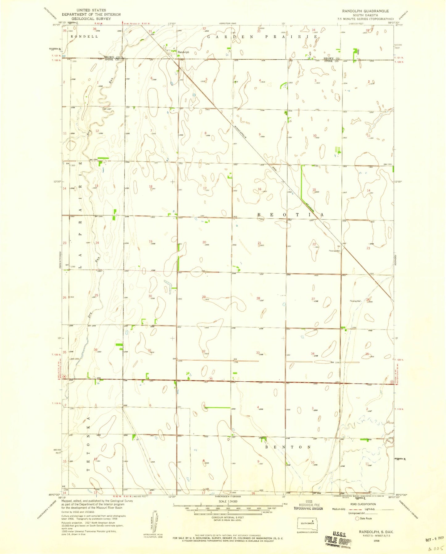 Classic USGS Randolph South Dakota 7.5'x7.5' Topo Map Image