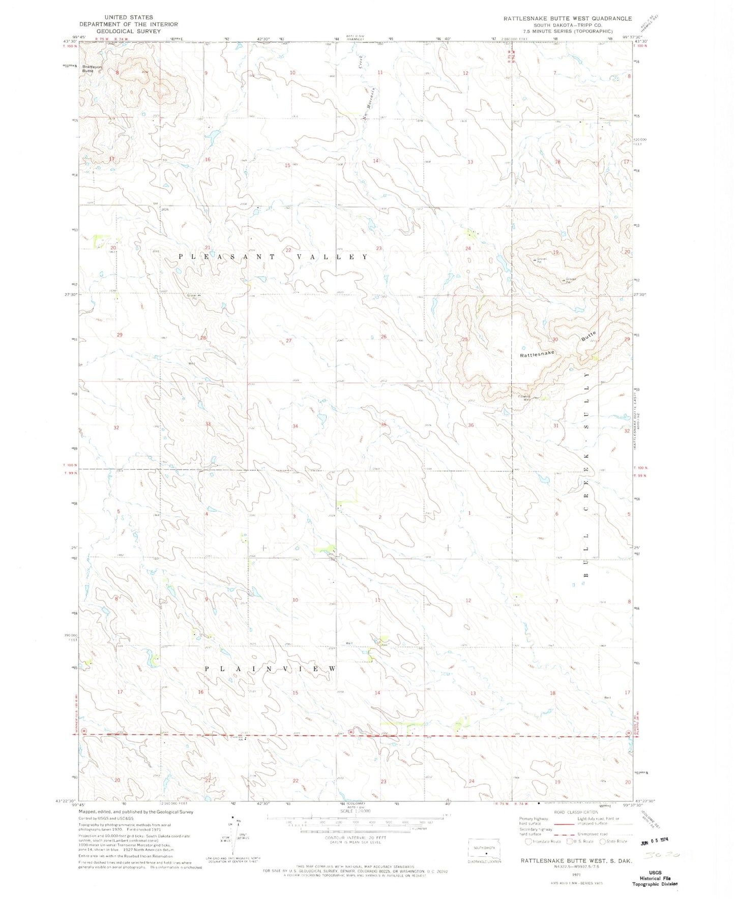 Classic USGS Rattlesnake Butte West South Dakota 7.5'x7.5' Topo Map Image