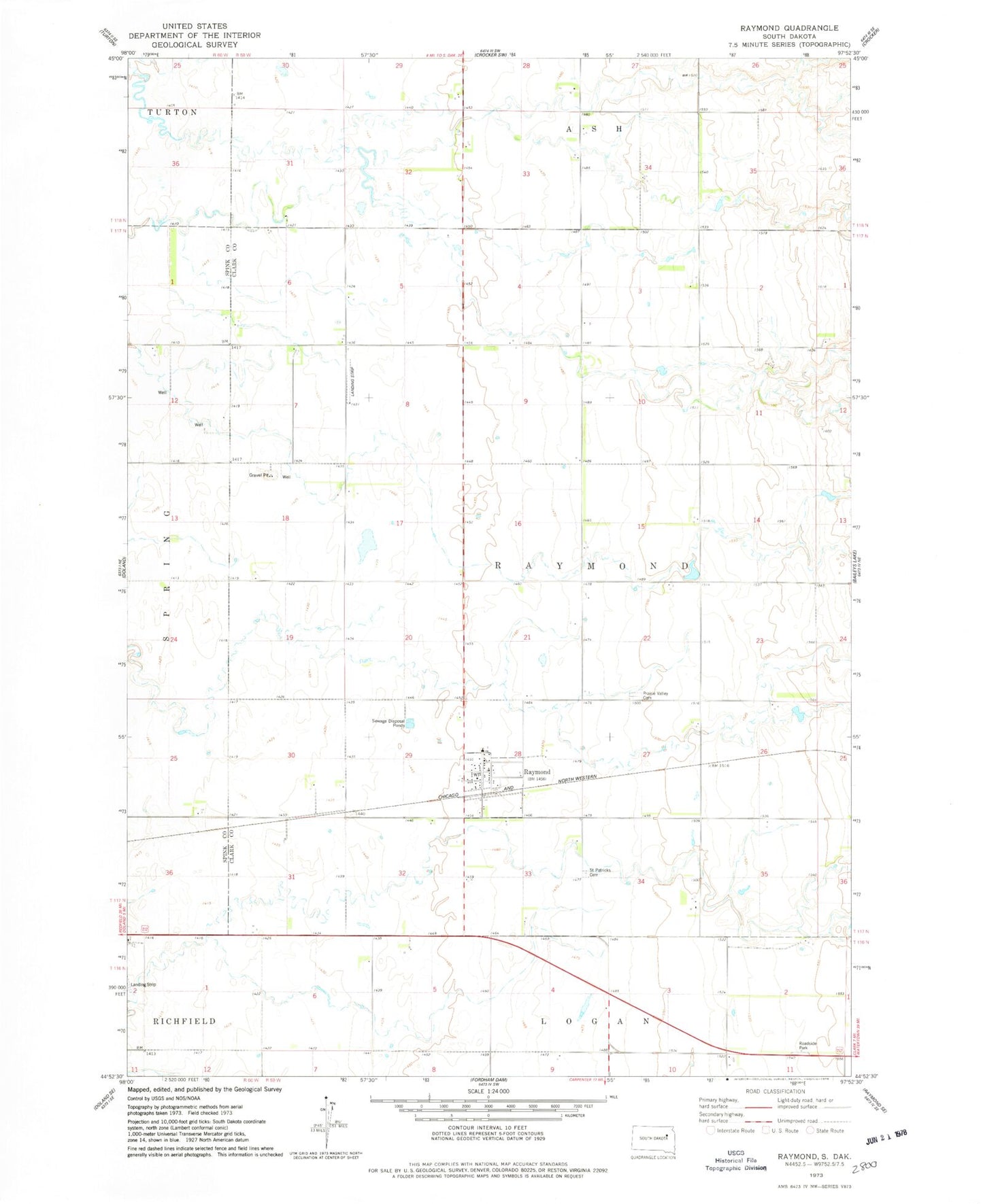 Classic USGS Raymond South Dakota 7.5'x7.5' Topo Map Image