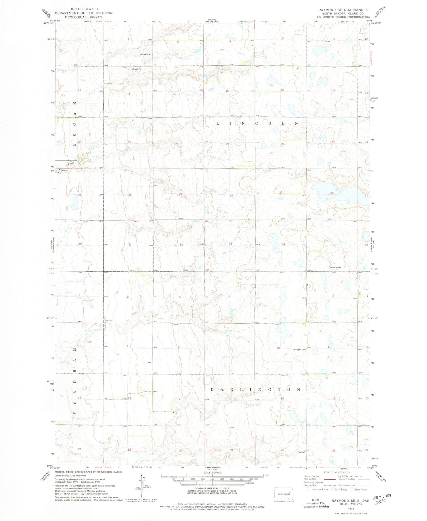 Classic USGS Raymond SE South Dakota 7.5'x7.5' Topo Map Image