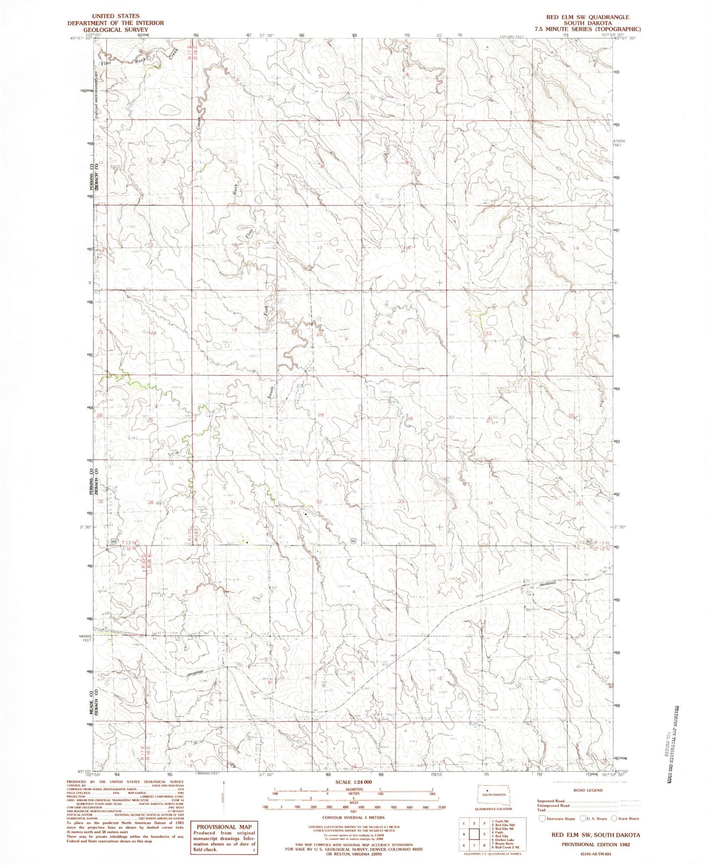 Classic USGS Red Elm SW South Dakota 7.5'x7.5' Topo Map Image