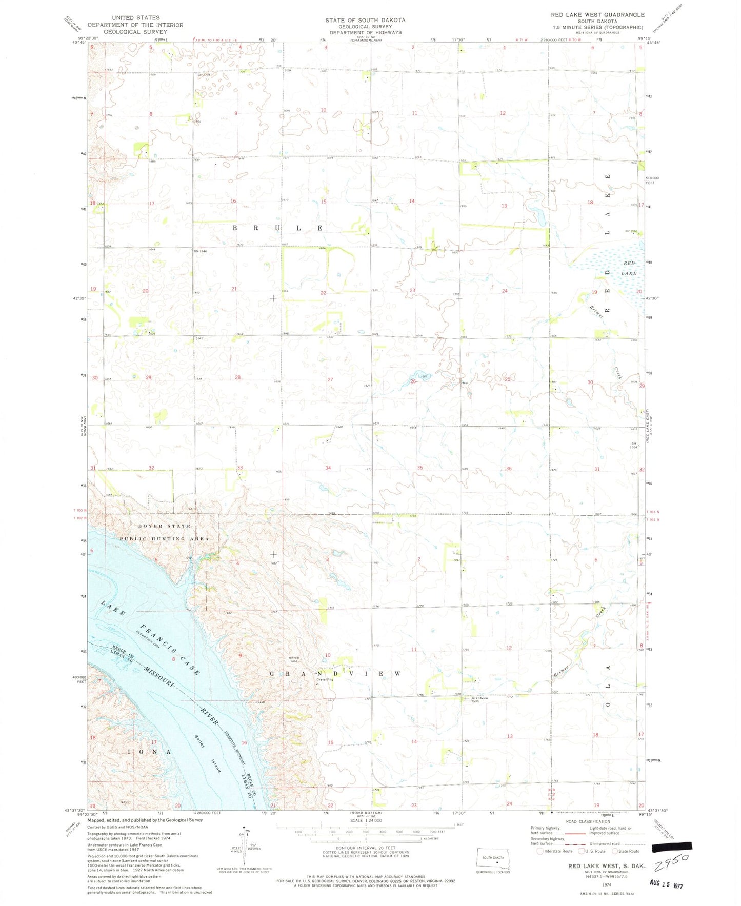 Classic USGS Red Lake West South Dakota 7.5'x7.5' Topo Map Image