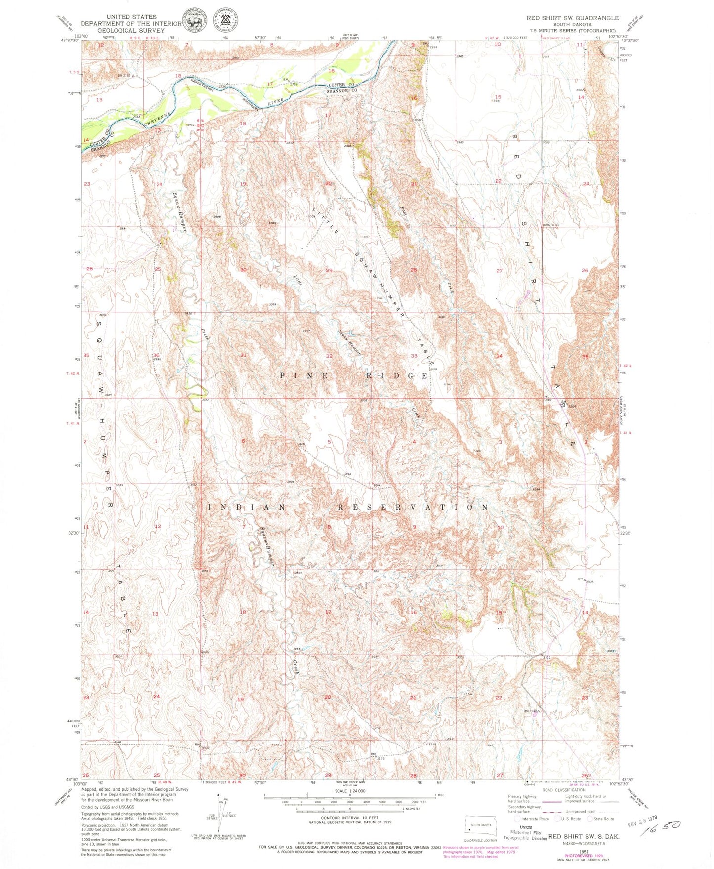 Classic USGS Red Shirt SW South Dakota 7.5'x7.5' Topo Map Image