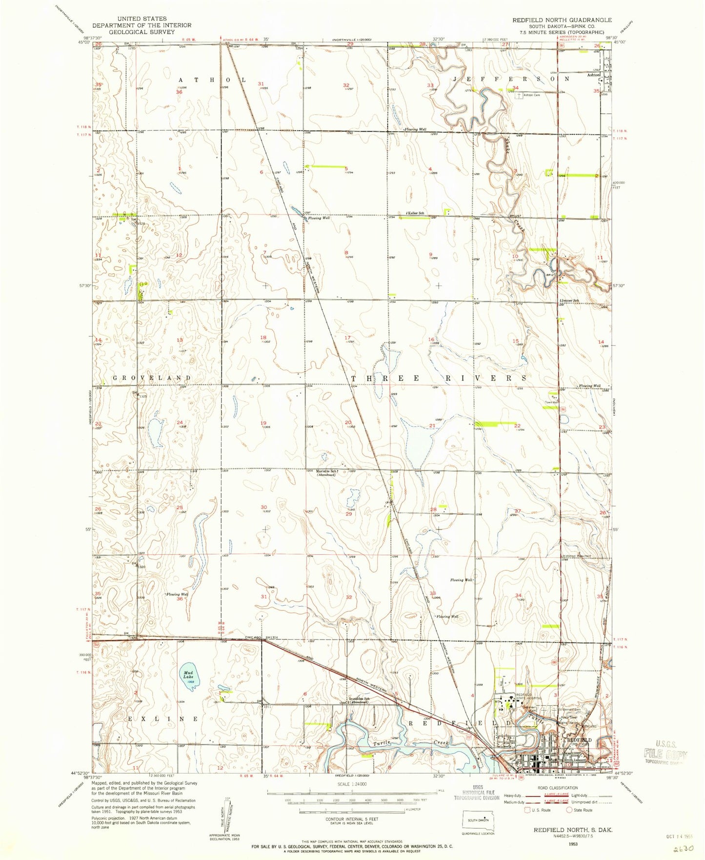 Classic USGS Redfield North South Dakota 7.5'x7.5' Topo Map Image