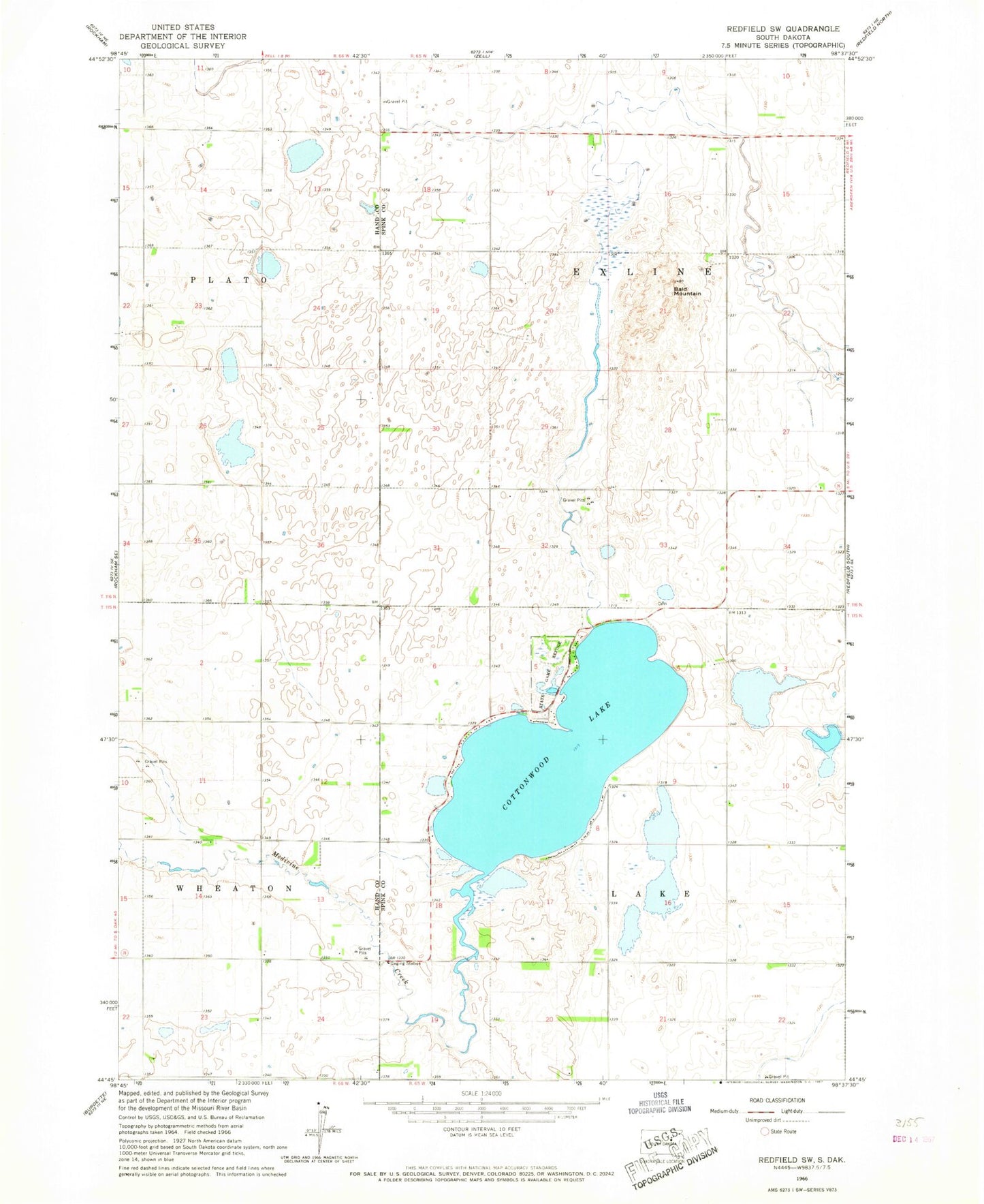Classic USGS Redfield SW South Dakota 7.5'x7.5' Topo Map Image