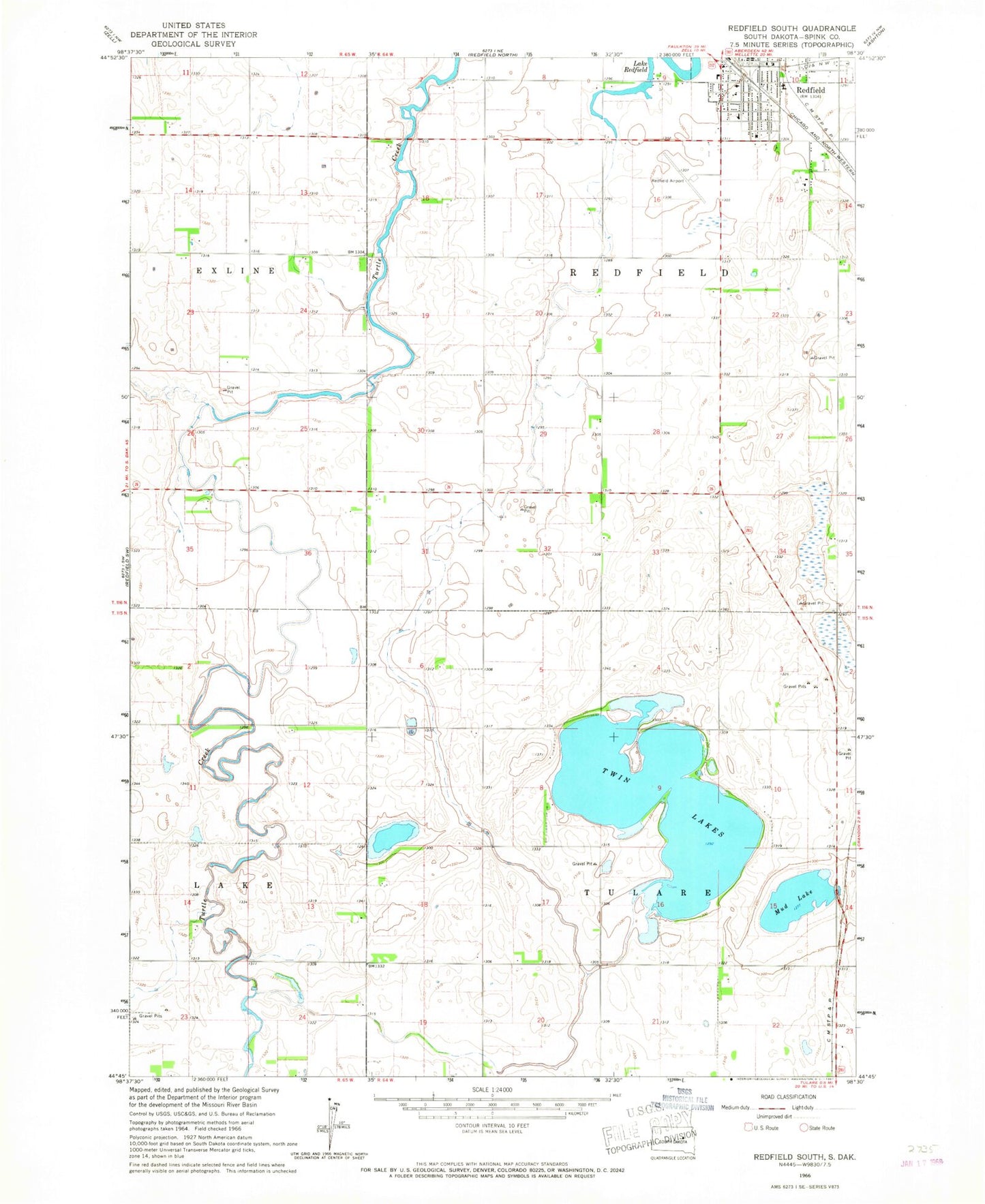 Classic USGS Redfield South South Dakota 7.5'x7.5' Topo Map Image