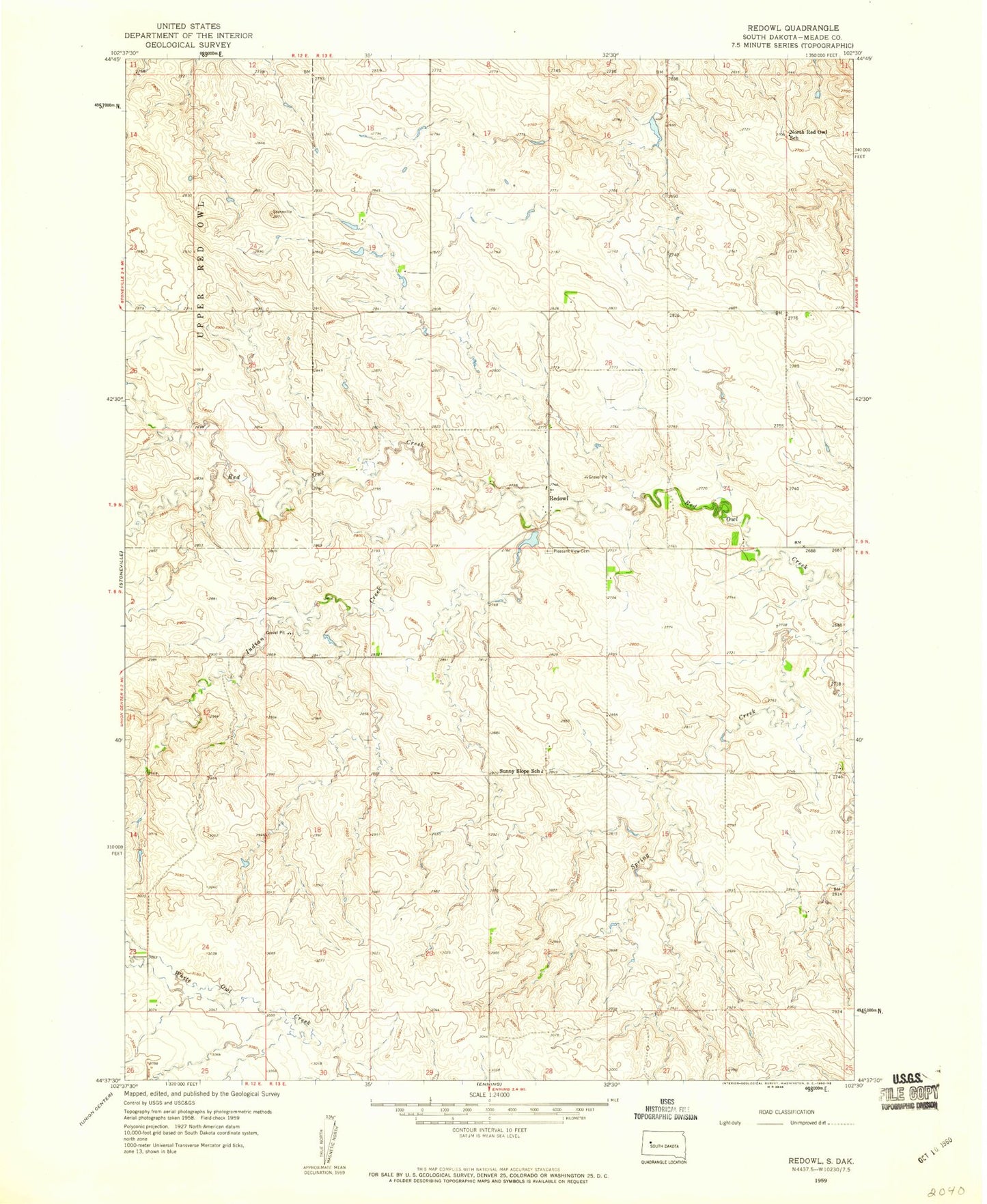Classic USGS Redowl South Dakota 7.5'x7.5' Topo Map Image