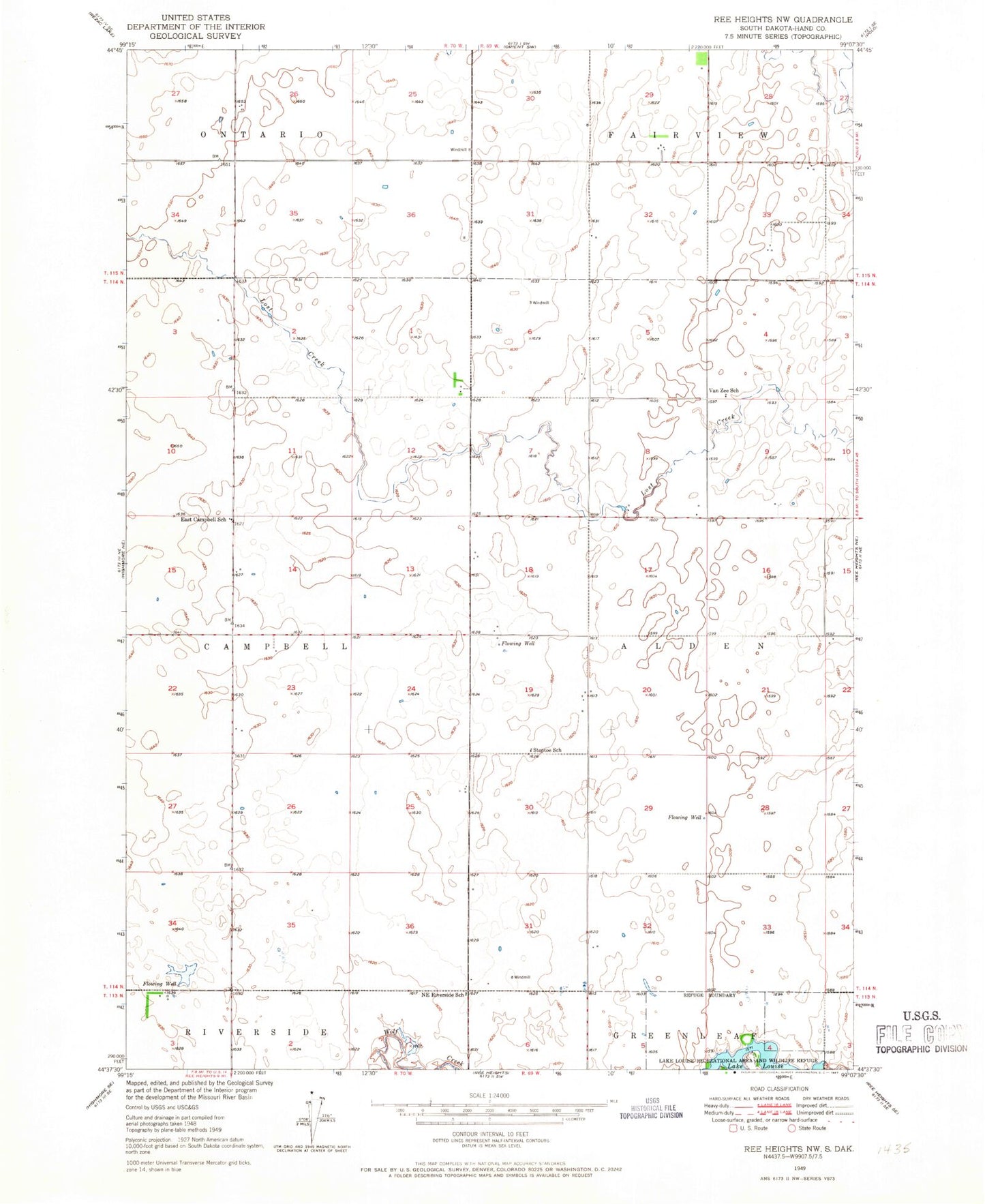 Classic USGS Ree Heights NW South Dakota 7.5'x7.5' Topo Map Image