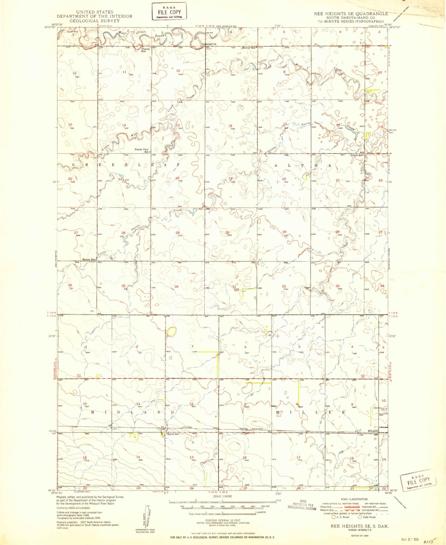 Classic USGS Ree Heights SE South Dakota 7.5'x7.5' Topo Map Image