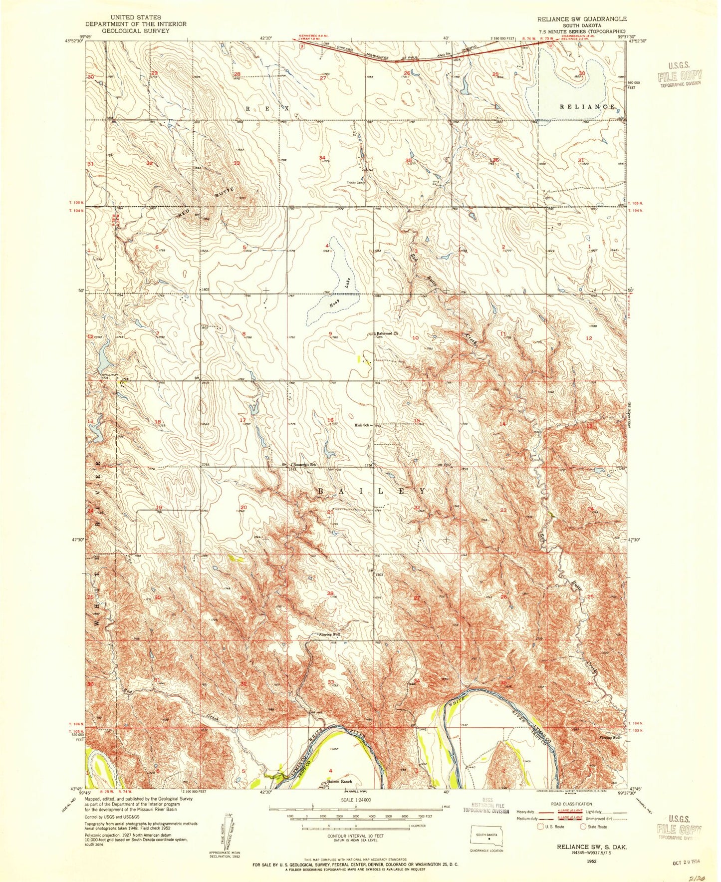 Classic USGS Reliance SW South Dakota 7.5'x7.5' Topo Map Image