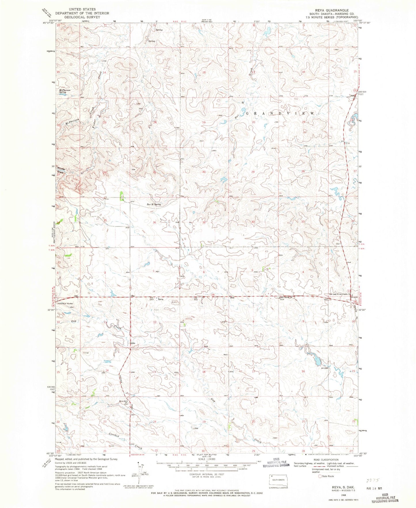 Classic USGS Reva South Dakota 7.5'x7.5' Topo Map Image