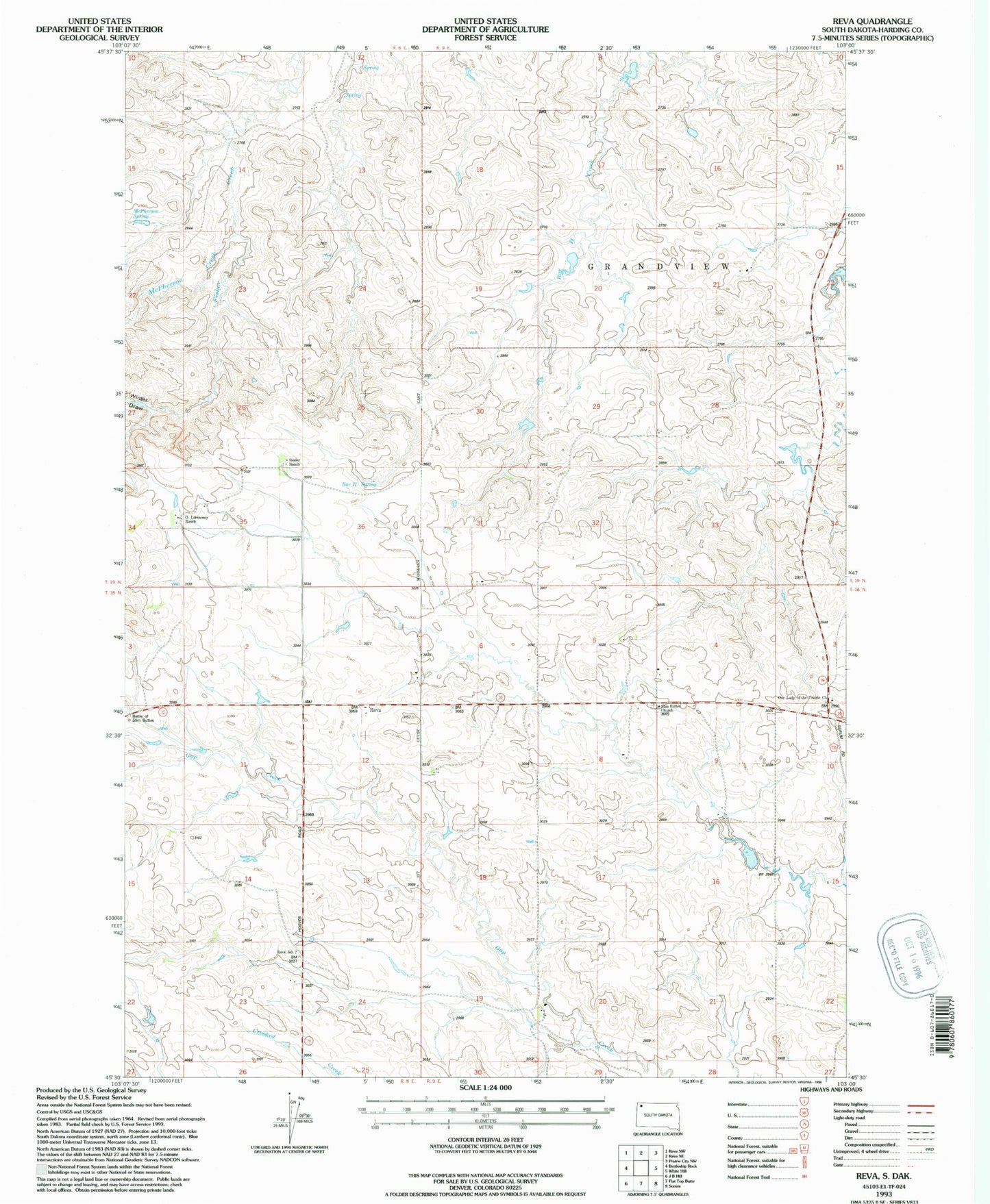 Classic USGS Reva South Dakota 7.5'x7.5' Topo Map Image