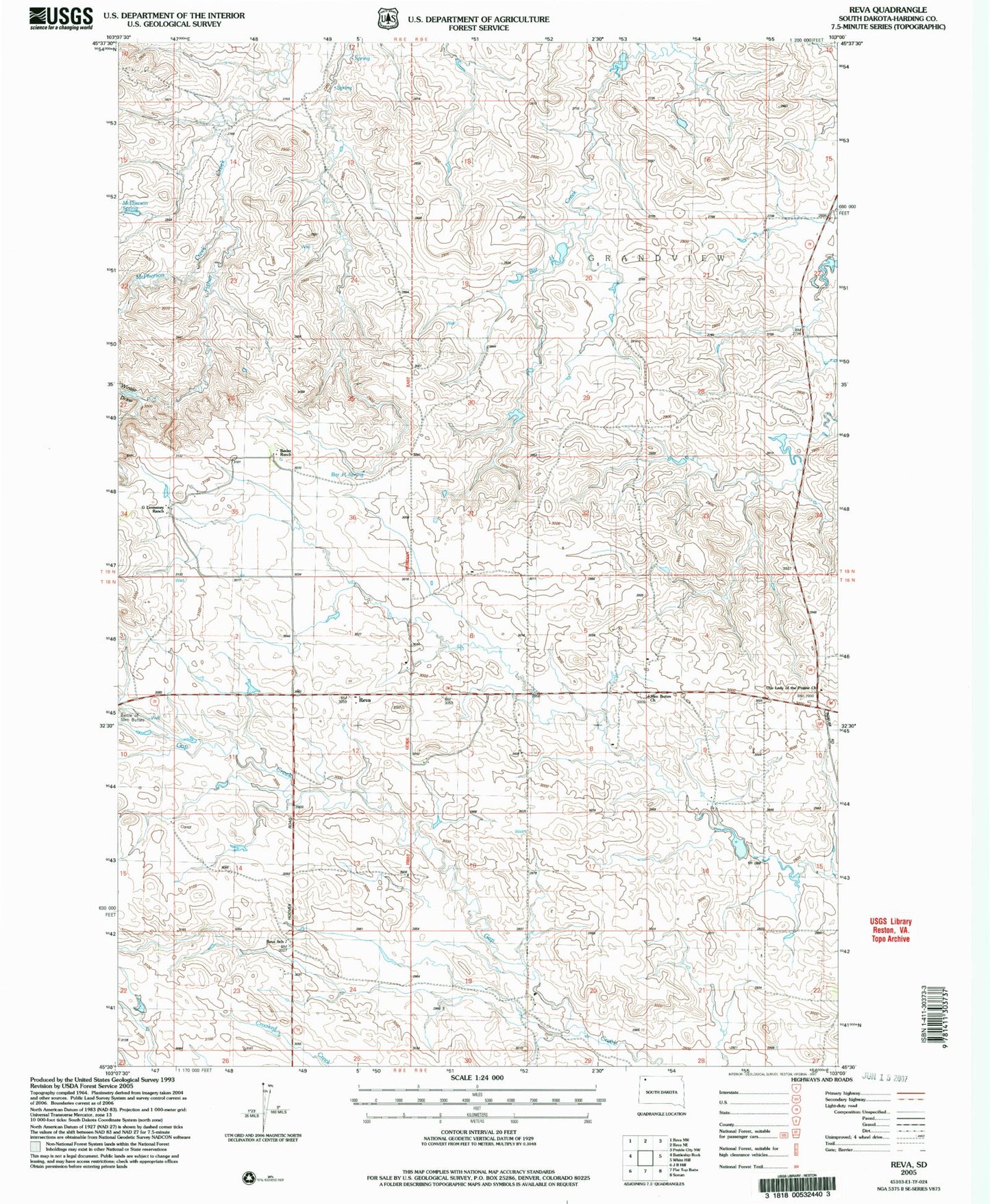 Classic USGS Reva South Dakota 7.5'x7.5' Topo Map Image