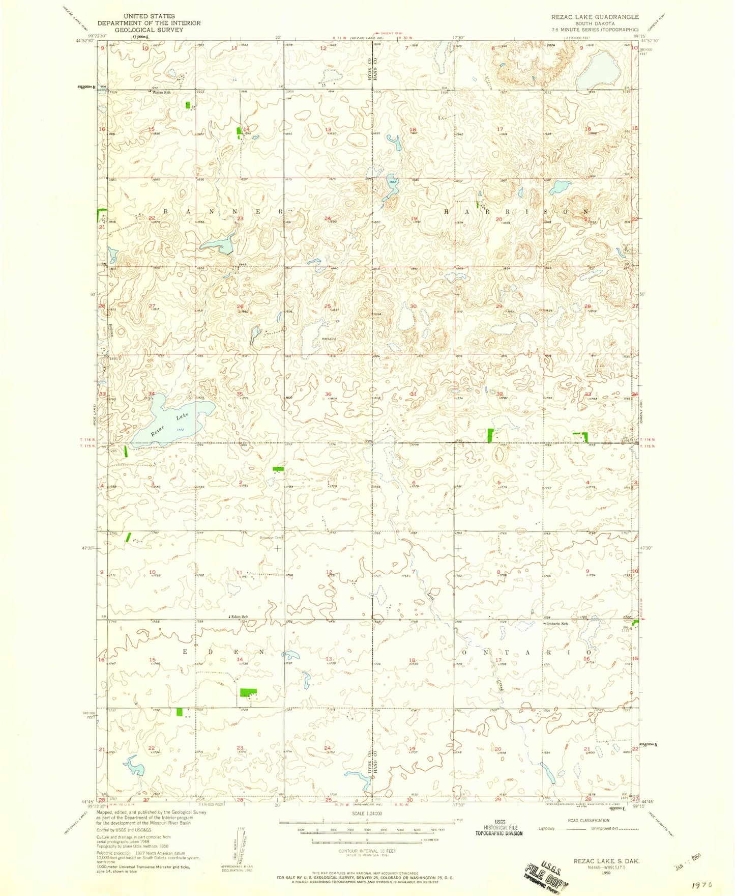 Classic USGS Rezac Lake South Dakota 7.5'x7.5' Topo Map Image