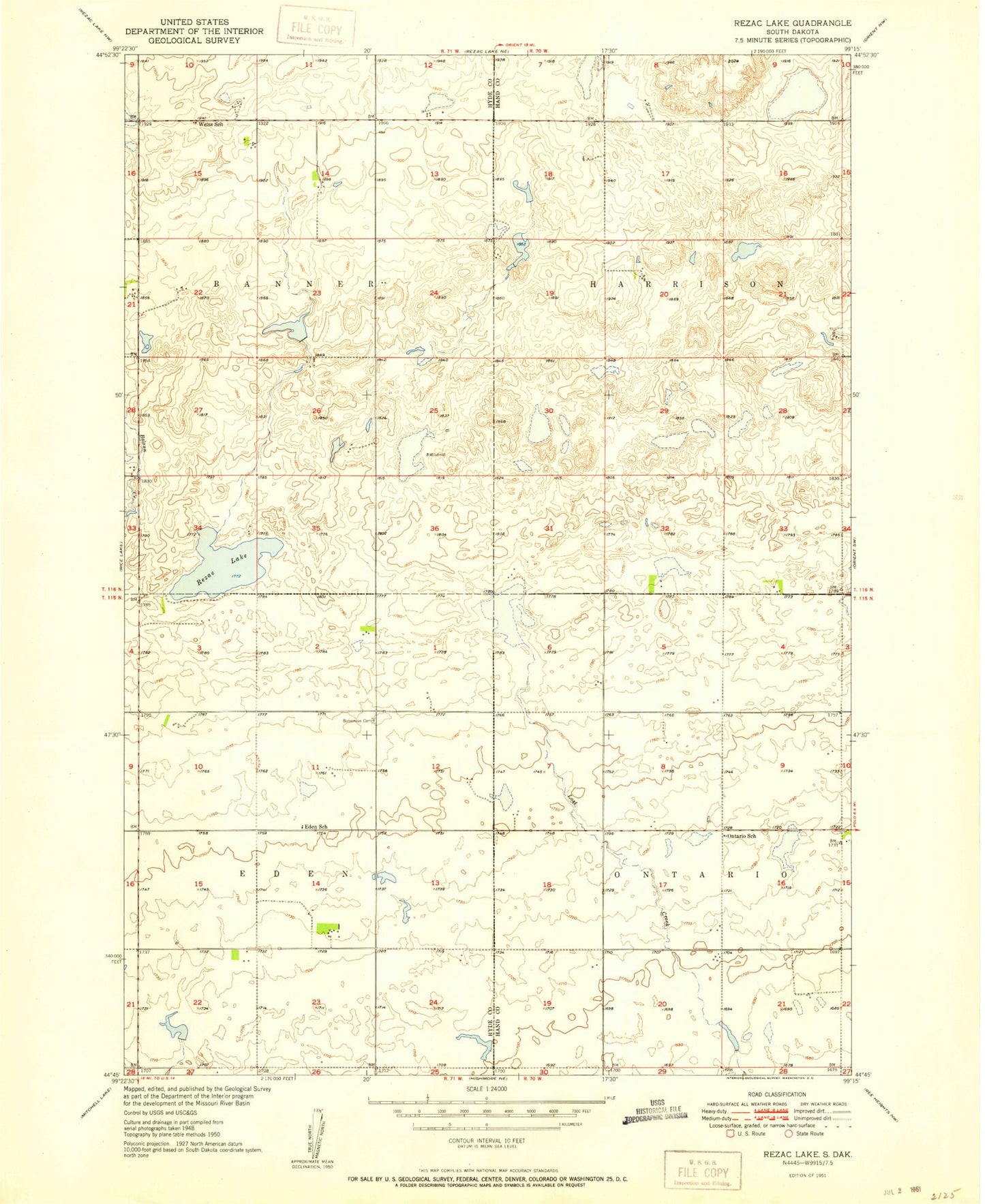 Classic USGS Rezac Lake South Dakota 7.5'x7.5' Topo Map Image