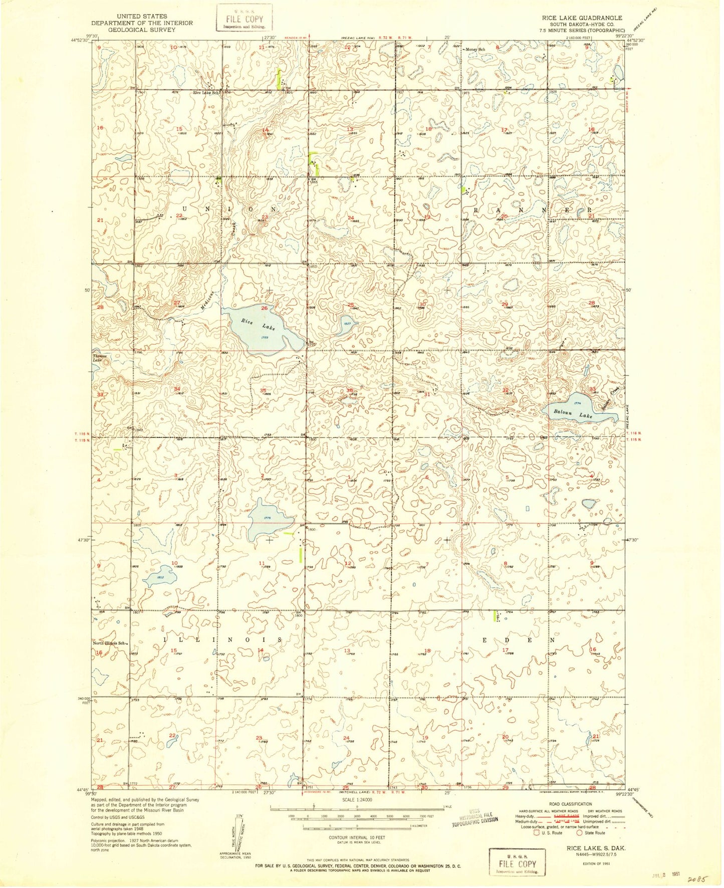 Classic USGS Rice Lake South Dakota 7.5'x7.5' Topo Map Image