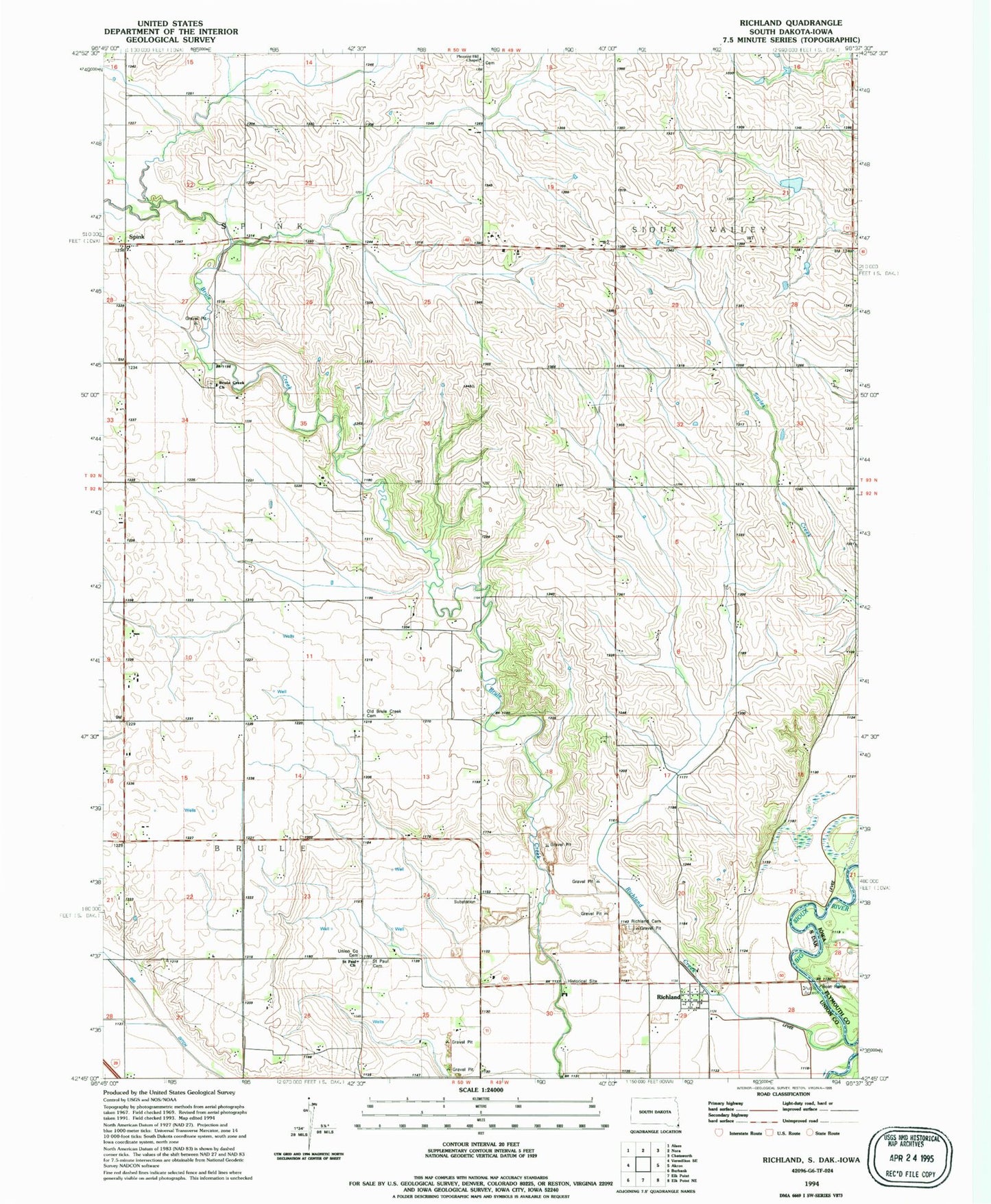 Classic USGS Richland South Dakota 7.5'x7.5' Topo Map Image