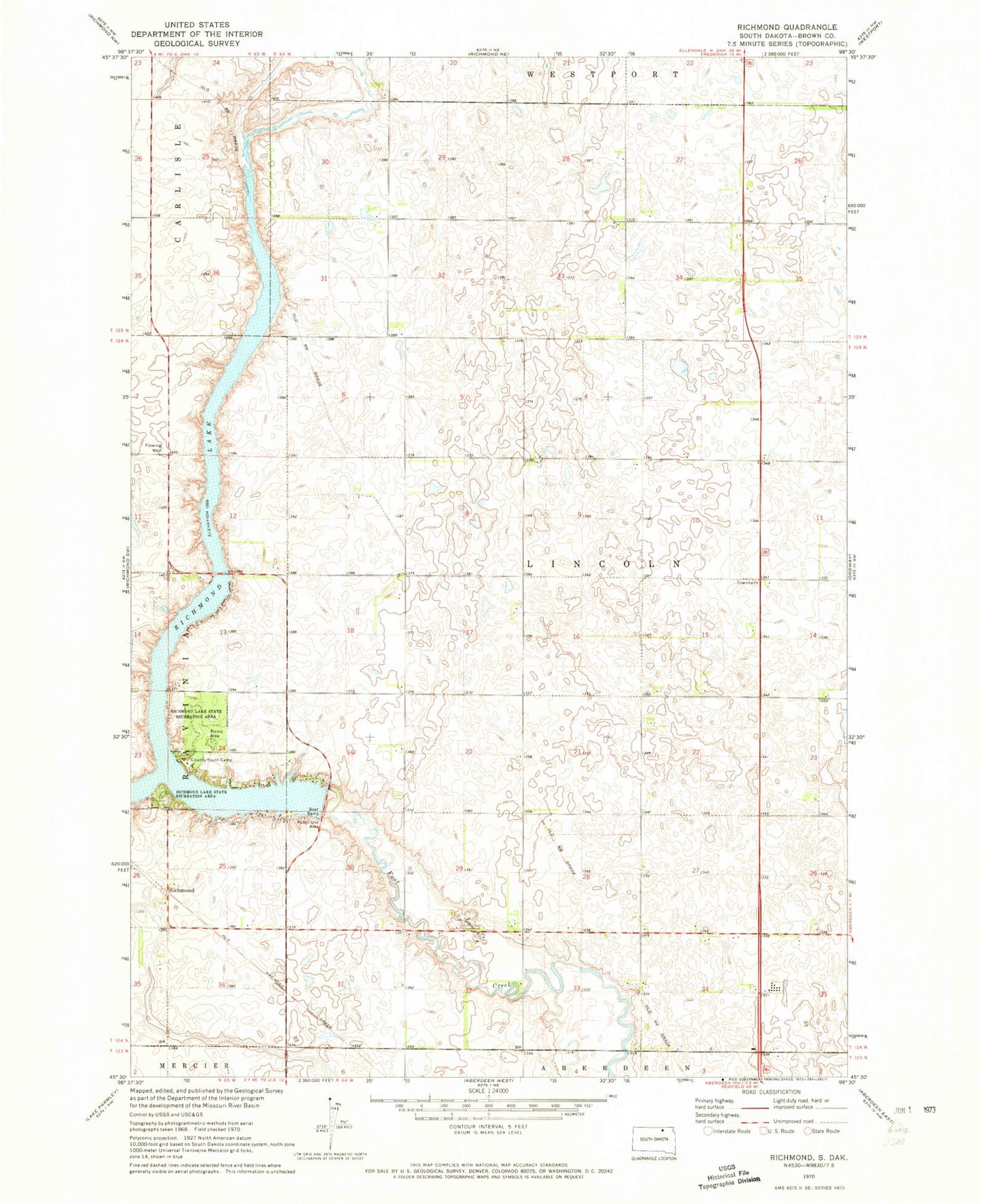 Classic USGS Richmond South Dakota 7.5'x7.5' Topo Map Image