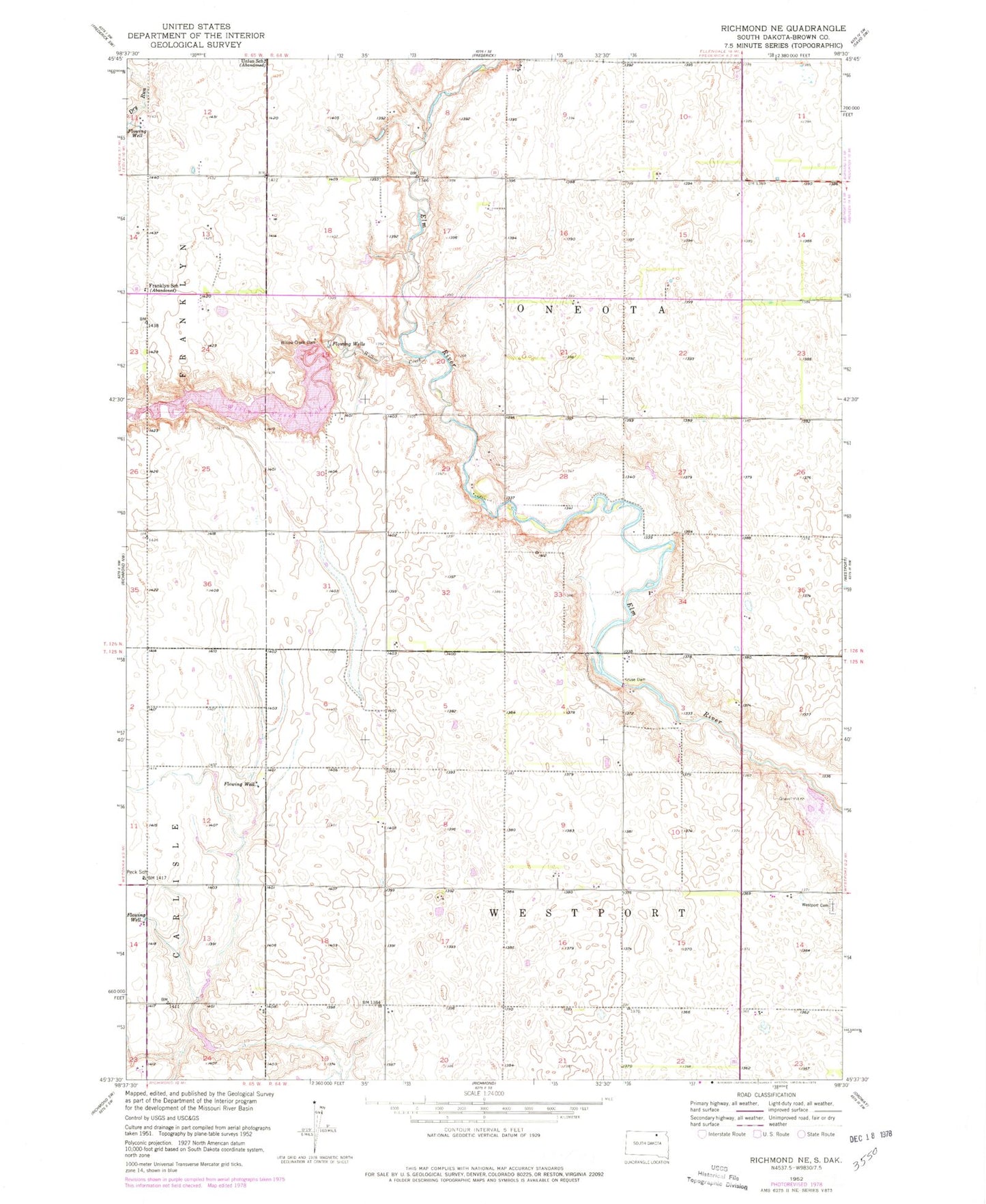 Classic USGS Richmond NE South Dakota 7.5'x7.5' Topo Map Image
