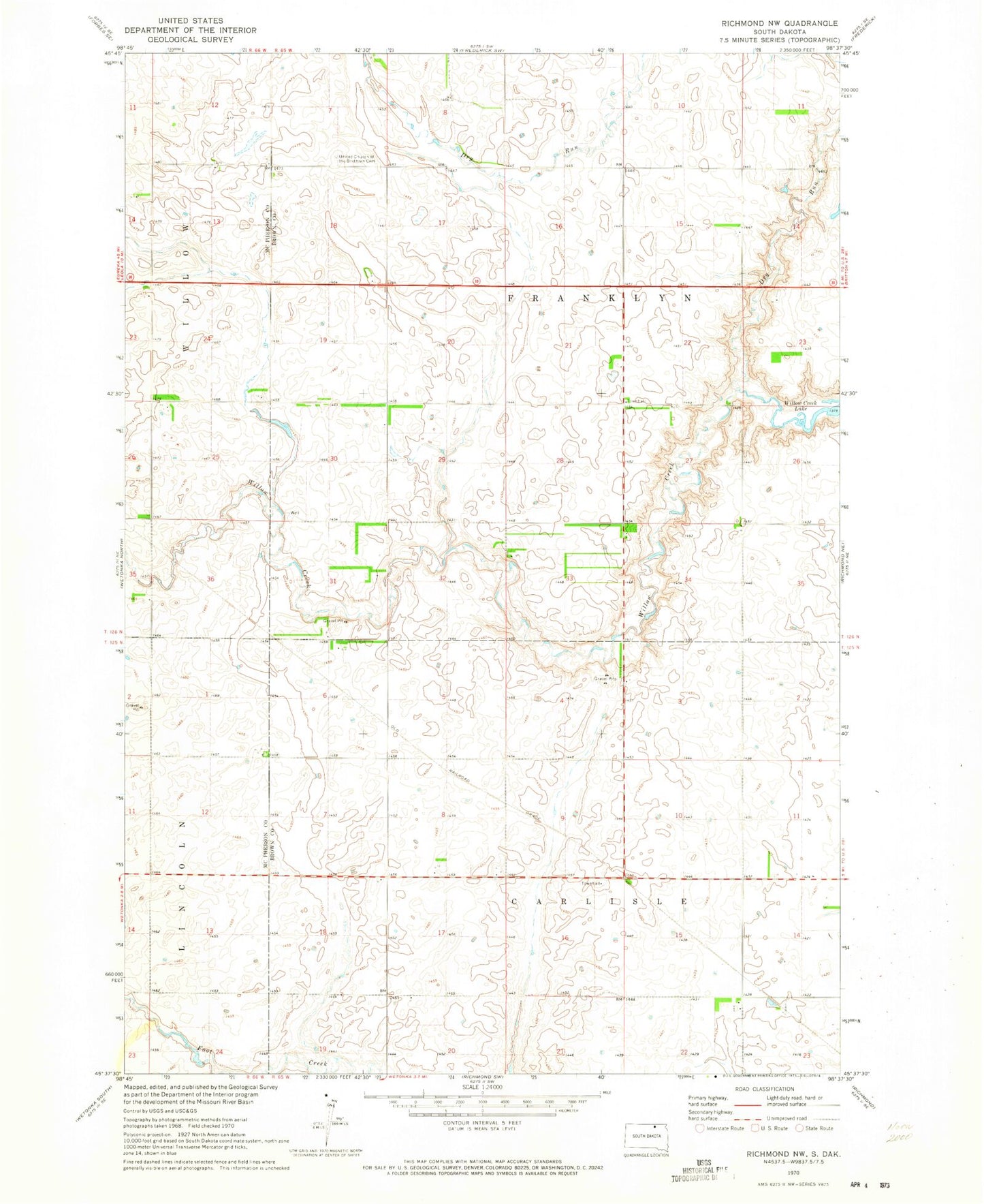 Classic USGS Richmond NW South Dakota 7.5'x7.5' Topo Map Image