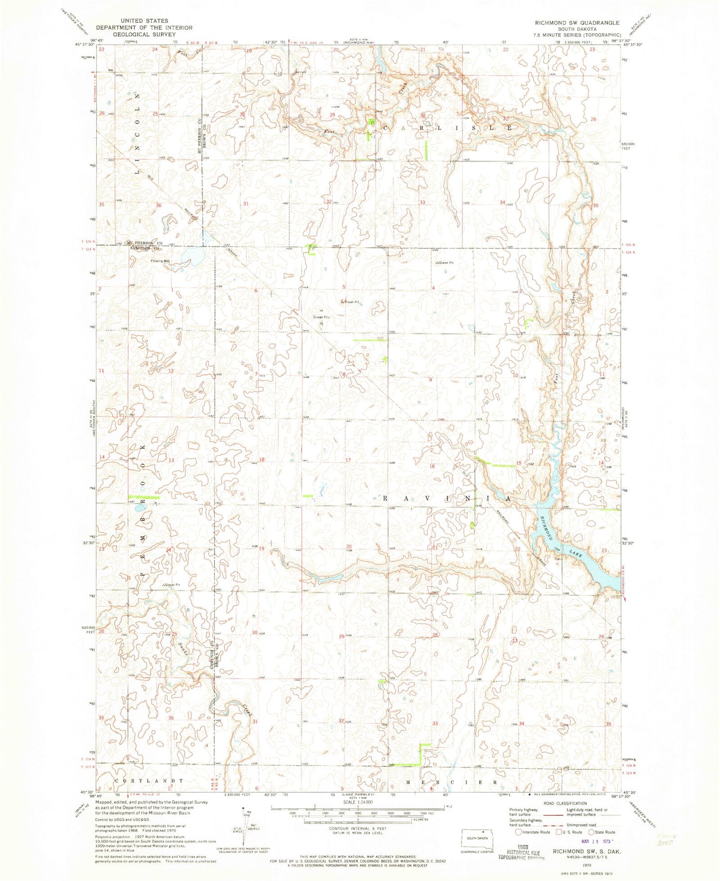 Classic USGS Richmond SW South Dakota 7.5'x7.5' Topo Map Image