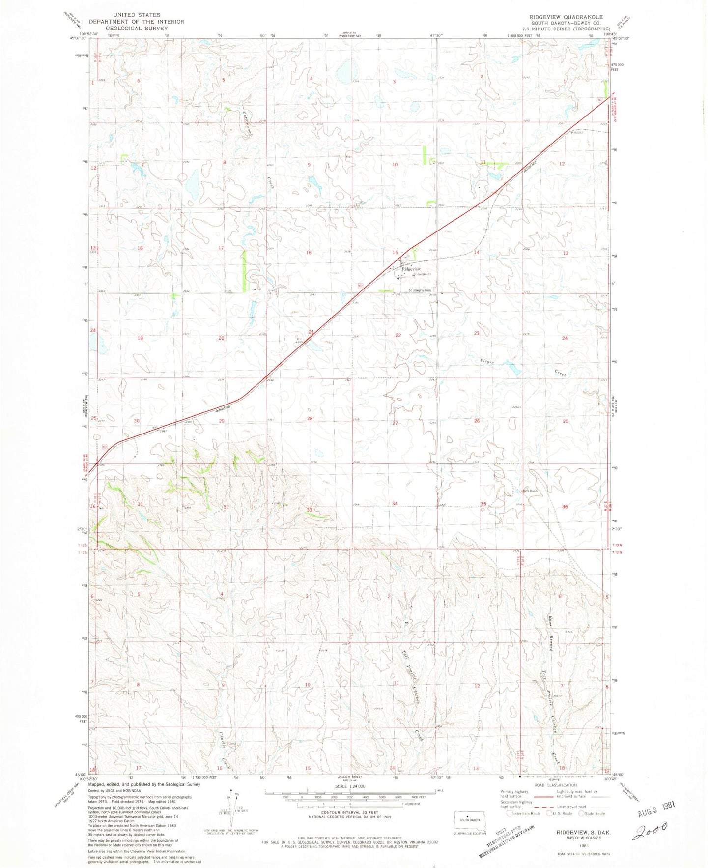 Classic USGS Ridgeview South Dakota 7.5'x7.5' Topo Map Image