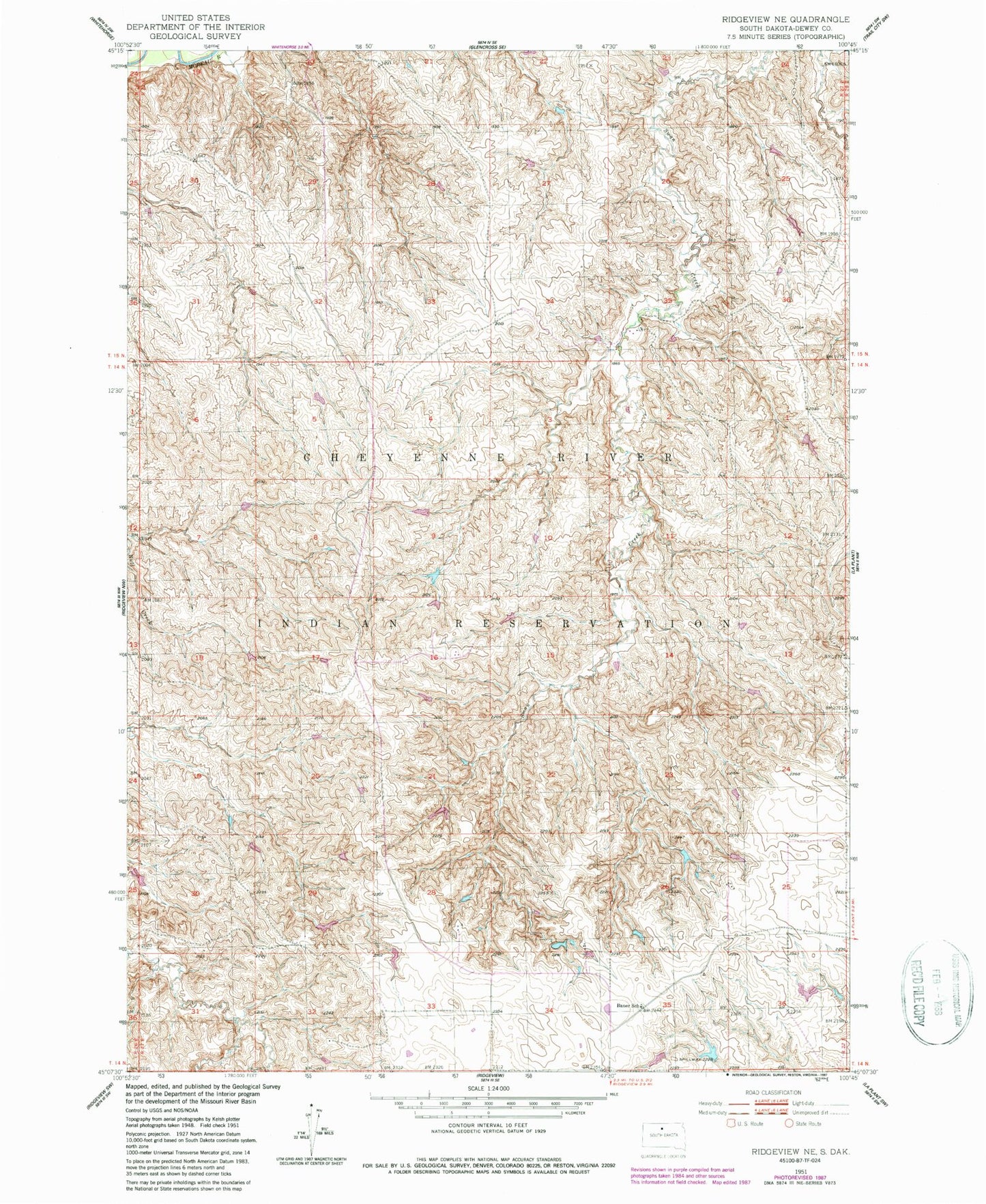 Classic USGS Ridgeview NE South Dakota 7.5'x7.5' Topo Map Image