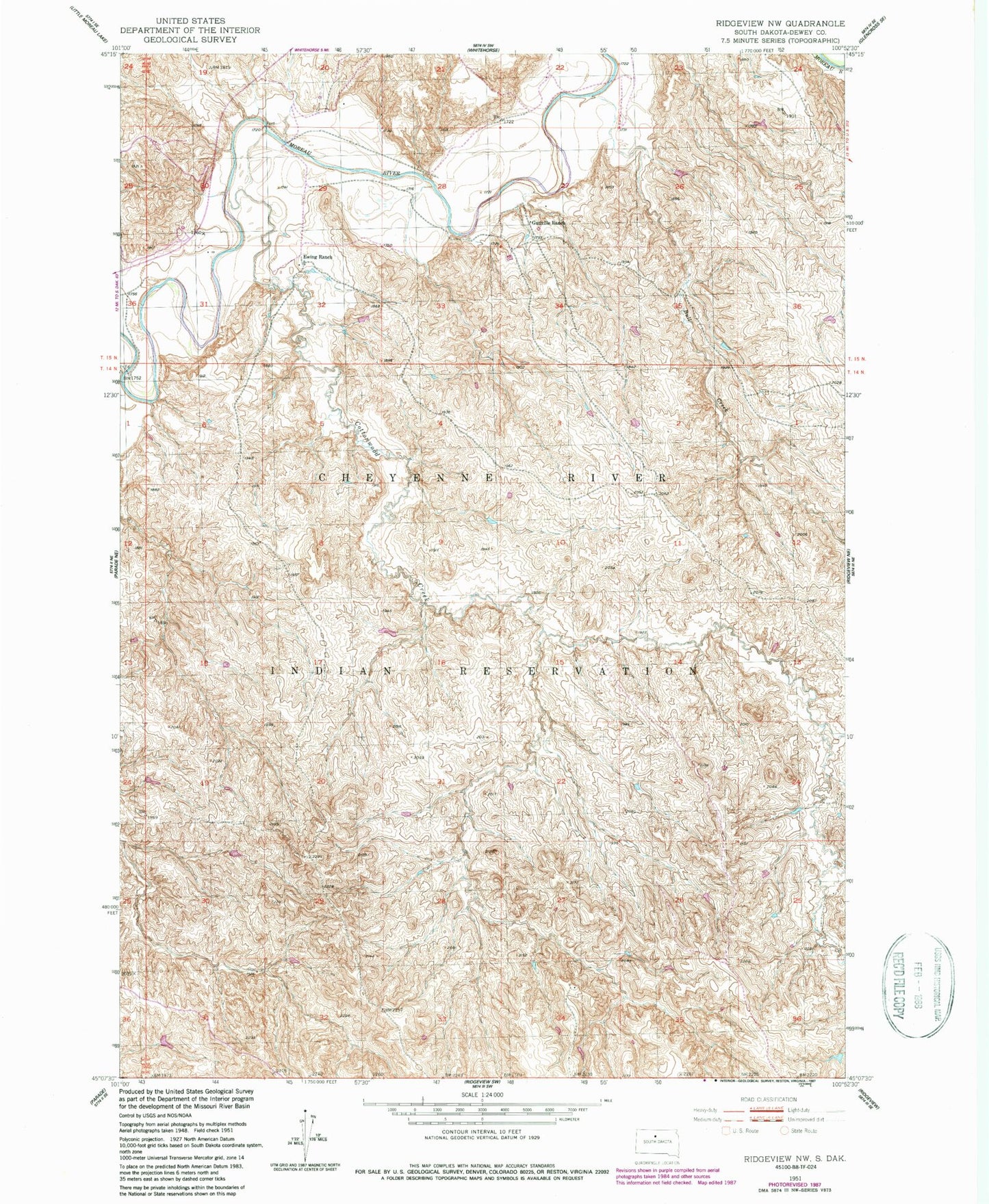 Classic USGS Ridgeview NW South Dakota 7.5'x7.5' Topo Map Image
