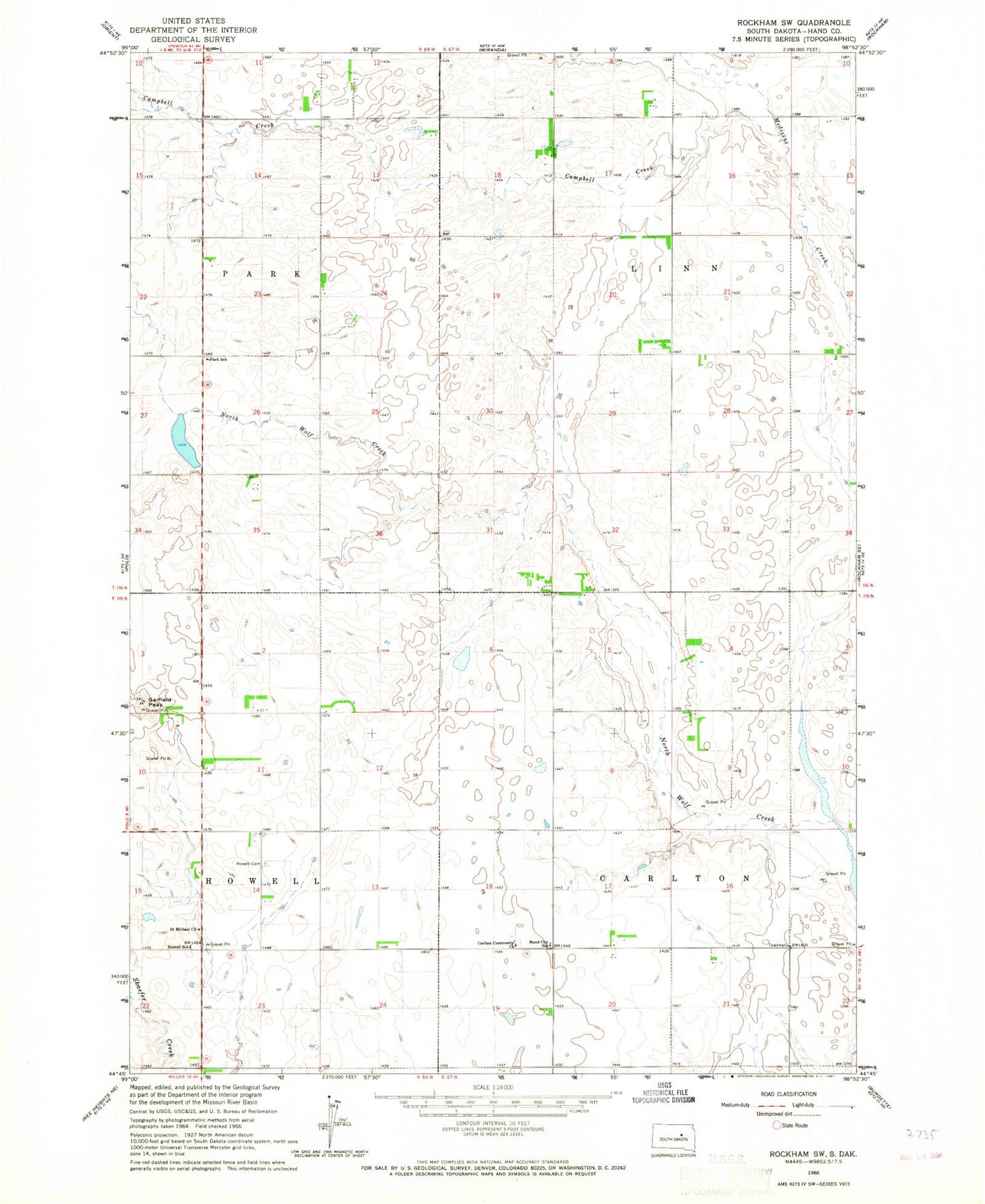 Classic USGS Rockham SW South Dakota 7.5'x7.5' Topo Map Image