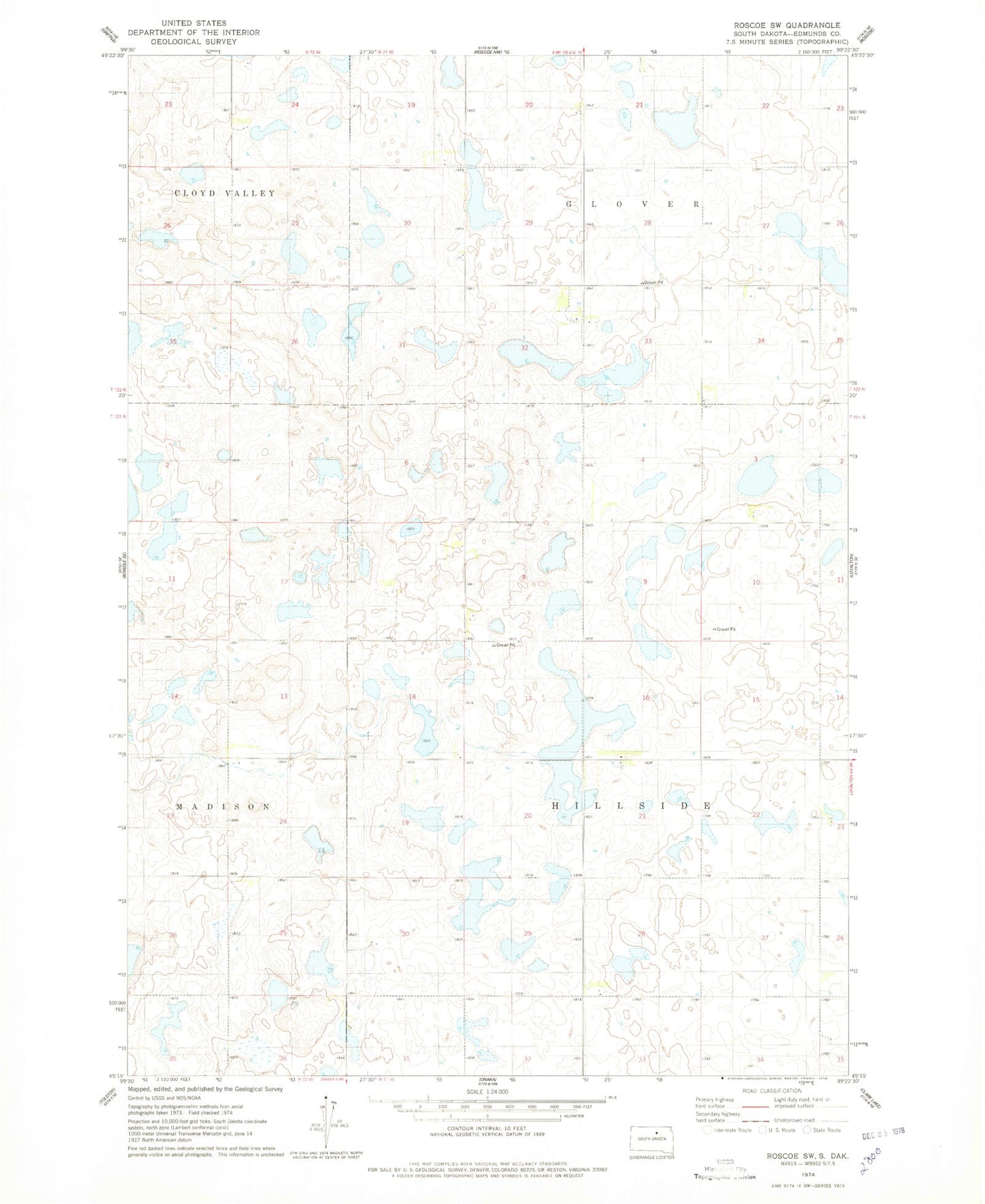 Classic USGS Roscoe SW South Dakota 7.5'x7.5' Topo Map Image