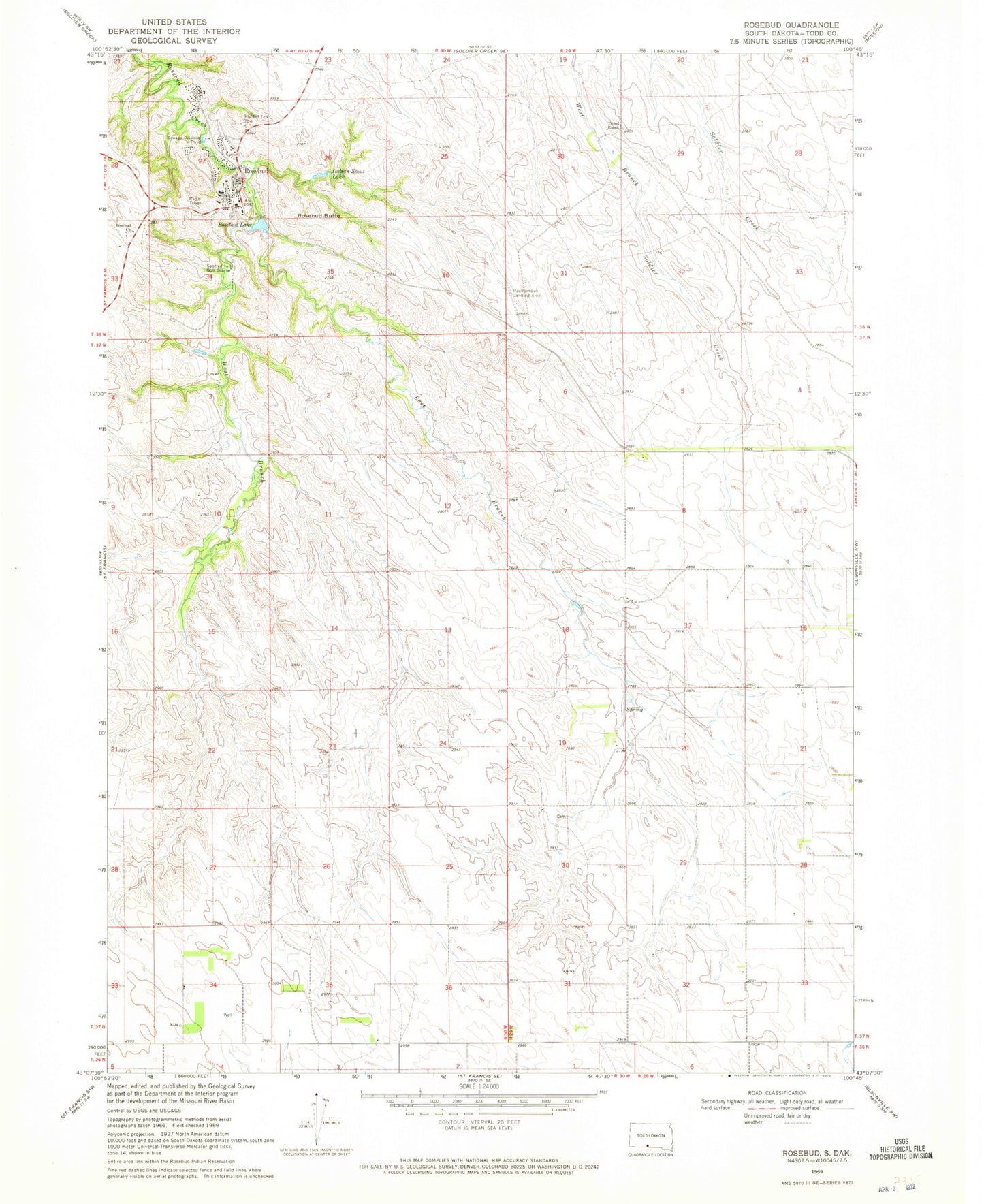 Classic USGS Rosebud South Dakota 7.5'x7.5' Topo Map Image