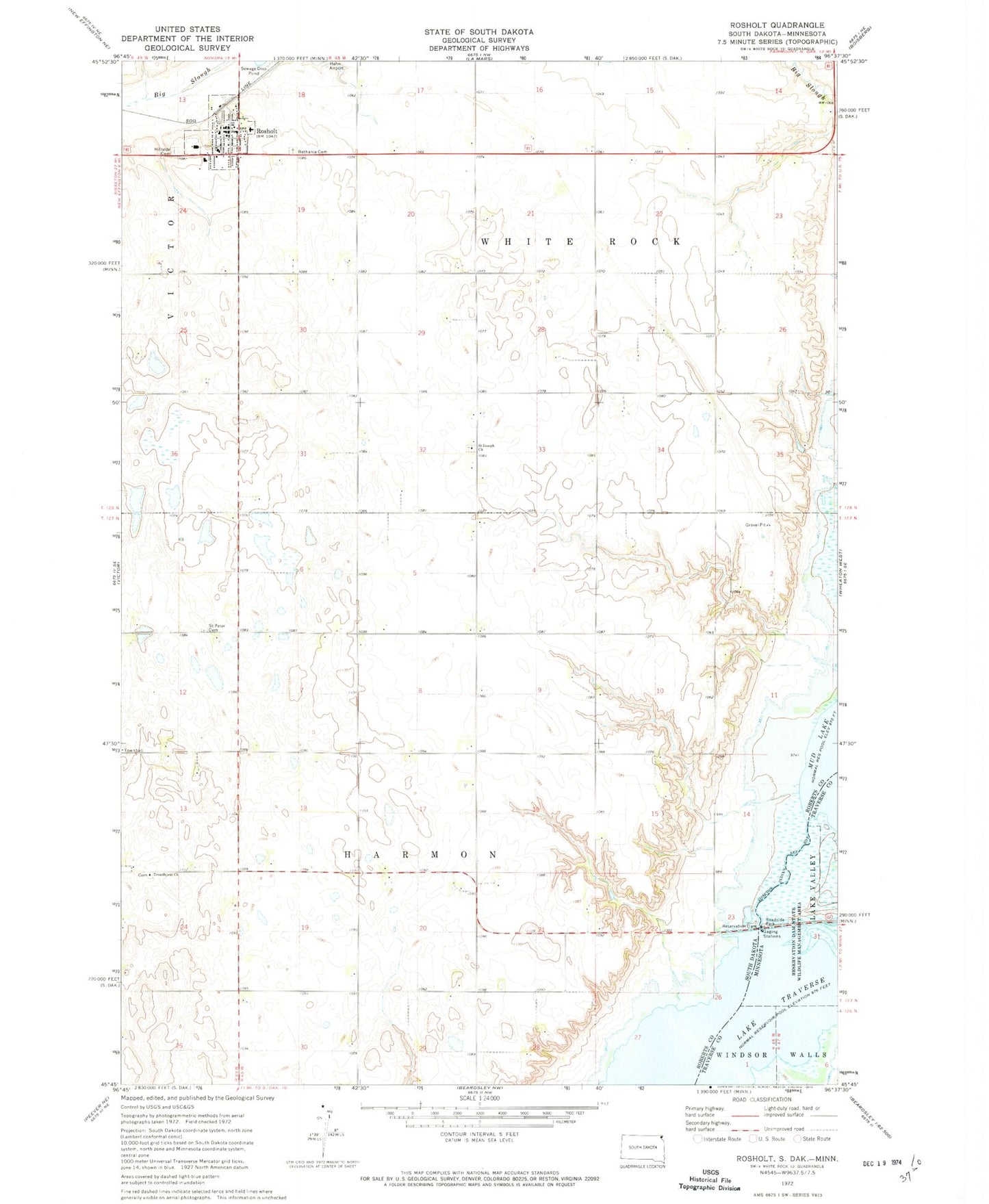 Classic USGS Rosholt South Dakota 7.5'x7.5' Topo Map Image