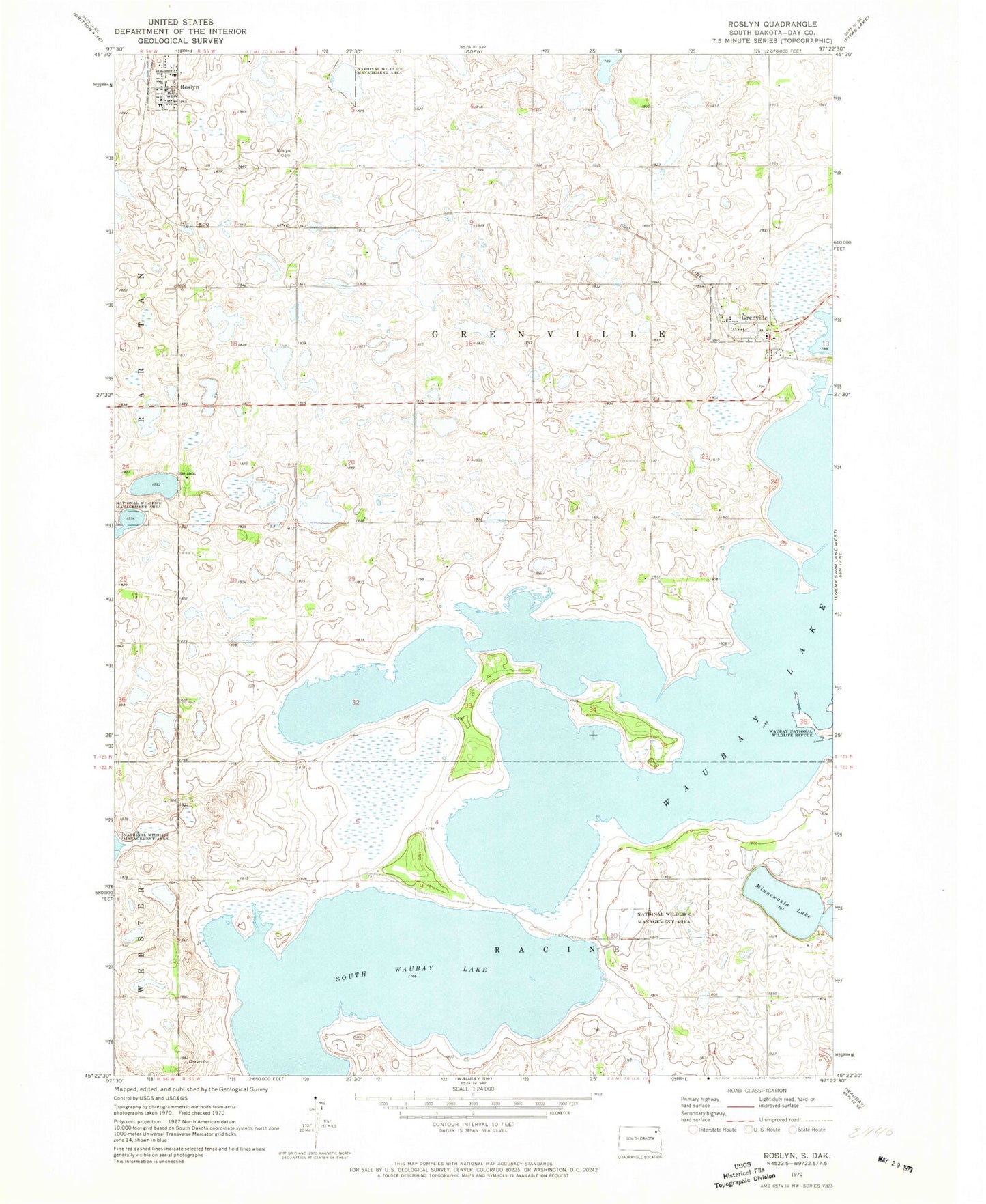 Classic USGS Roslyn South Dakota 7.5'x7.5' Topo Map Image