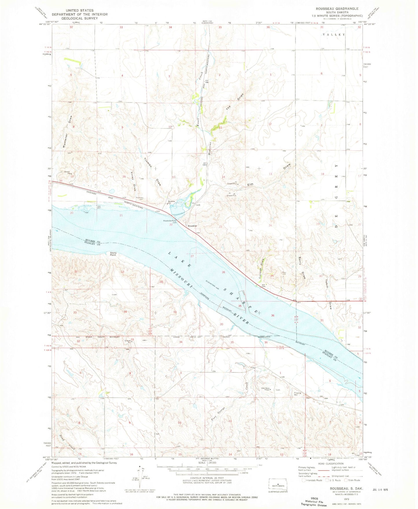 Classic USGS Rousseau South Dakota 7.5'x7.5' Topo Map Image