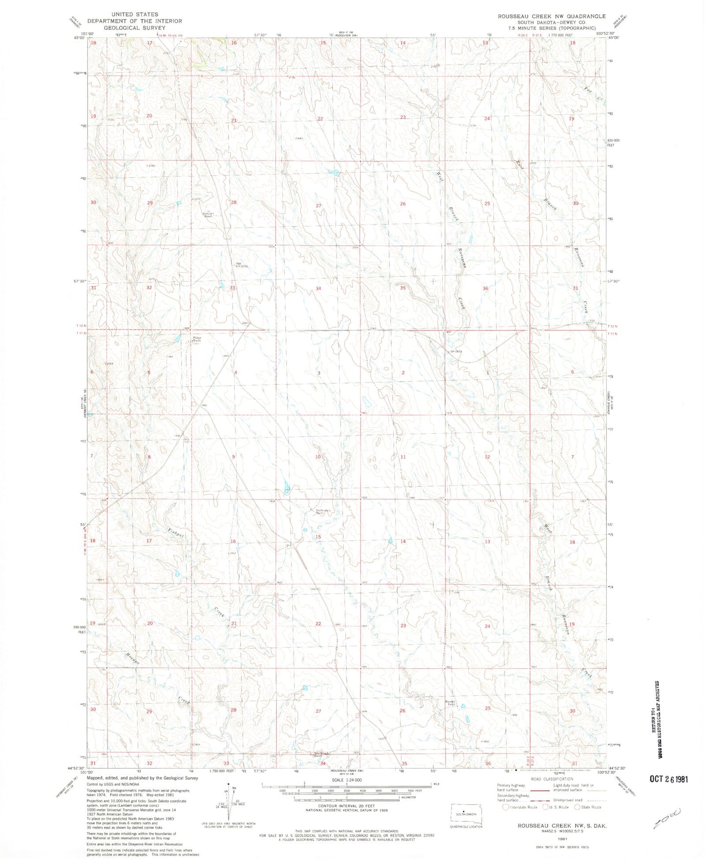 Classic USGS Rousseau Creek NW South Dakota 7.5'x7.5' Topo Map Image