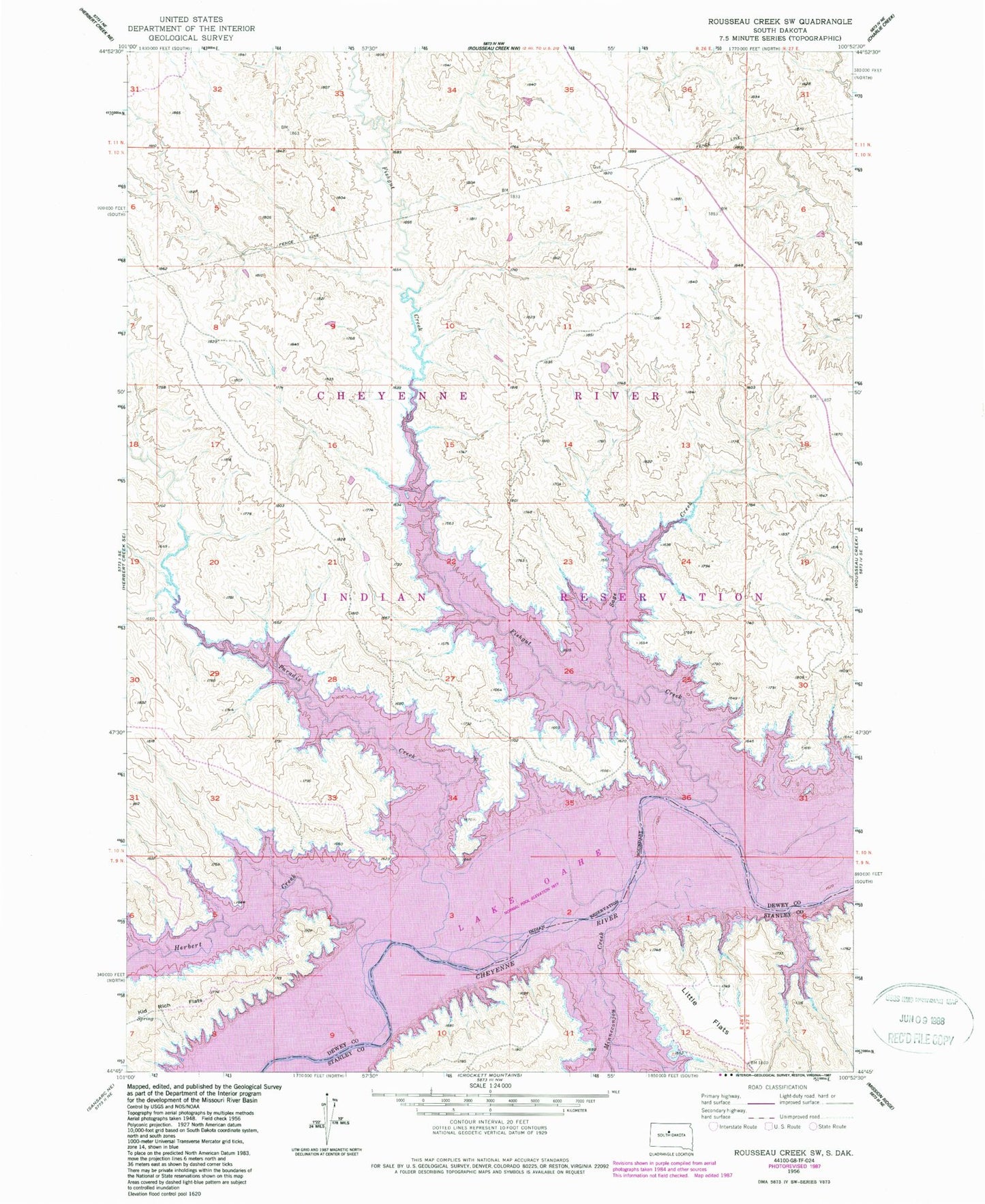 Classic USGS Rousseau Creek SW South Dakota 7.5'x7.5' Topo Map Image