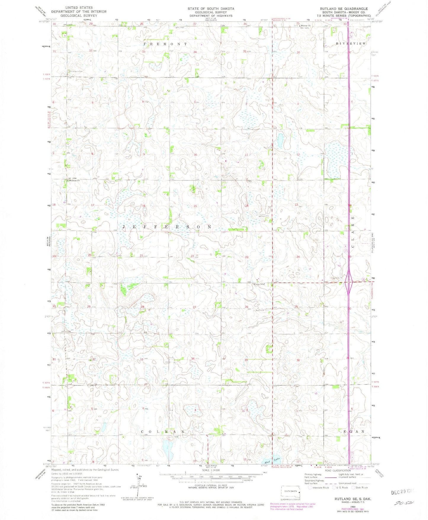 Classic USGS Rutland SE South Dakota 7.5'x7.5' Topo Map Image