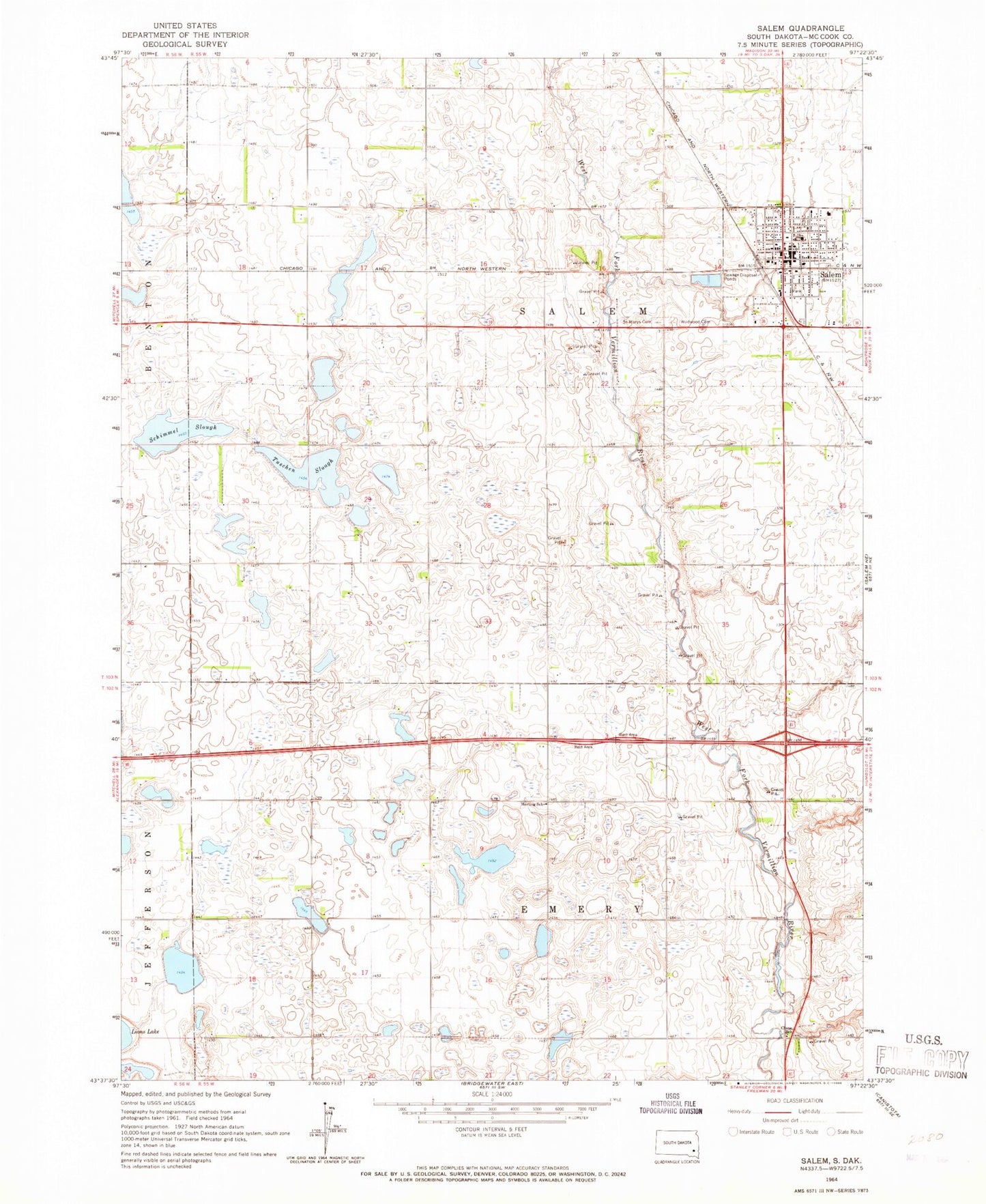 Classic USGS Salem South Dakota 7.5'x7.5' Topo Map Image